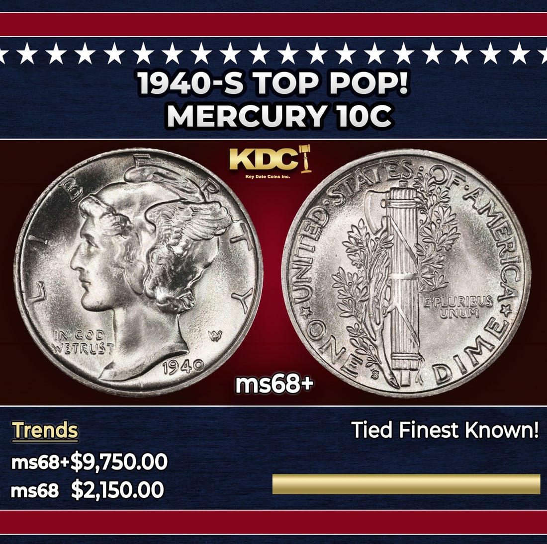 1940-s Mercury Dime TOP POP! 10c ms68+ SEGS: 1940-s TOP POP! Mercury Dime 10c ms68+ SEGS. Historic precious metal trends is causing increased spot pricing by the day. On auctions with set openings, we are doing our best to have items priced at t