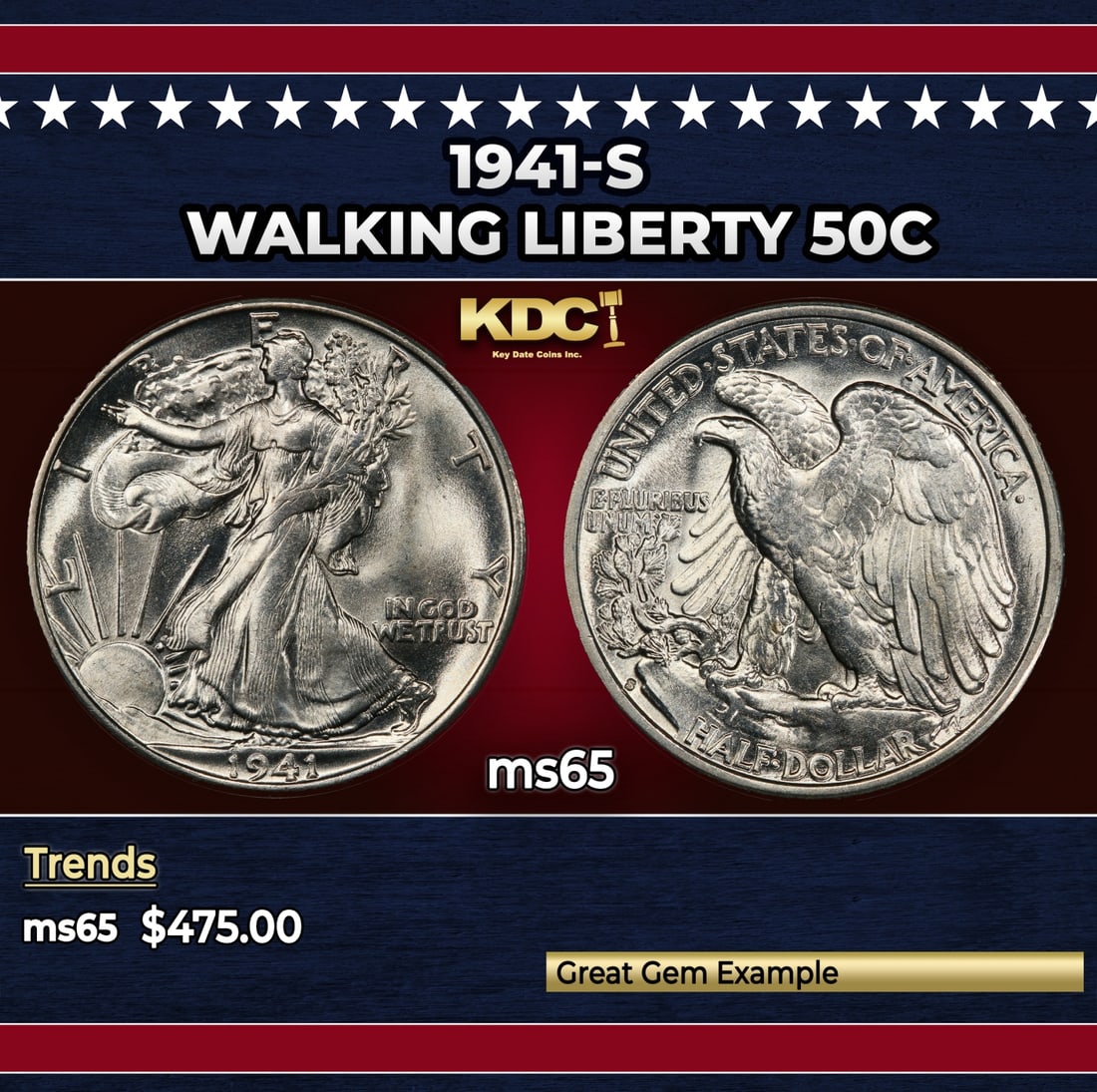 1941-s Walking Liberty Half Dollar 50c Grades ms65 (1 of 3)
