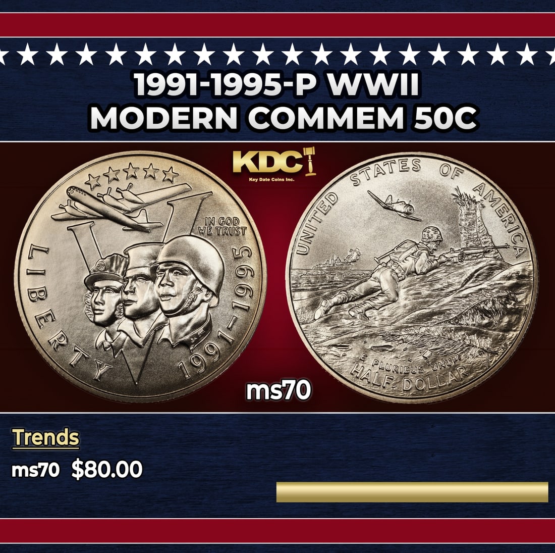 1991-1995-p WWII Modern Commem Half Dollar 50c ms70 SEGS: 1991-1995-p WWII Modern Commem Half Dollar 50c ms70 SEGS. Historic precious metal trends is causing increased spot pricing by the day. On auctions with set openings, we are doing our best to have item