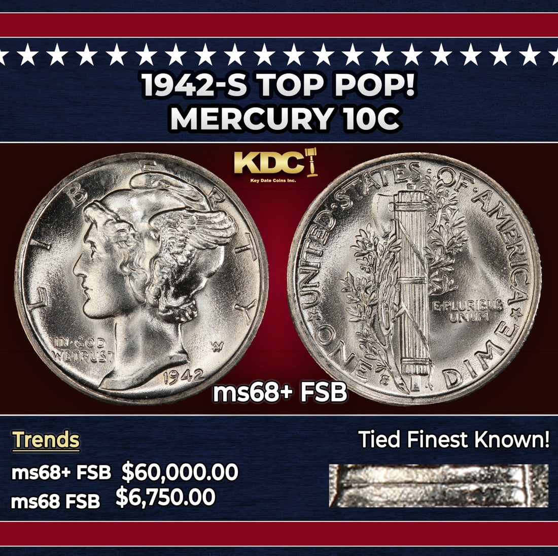 1942-s Mercury Dime TOP POP! 10c ms68+ FSB SEGS: 1942-s TOP POP! Mercury Dime 10c ms68+ FSB SEGS. Historic precious metal trends is causing increased spot pricing by the day. On auctions with set openings, we are doing our best to have items priced 