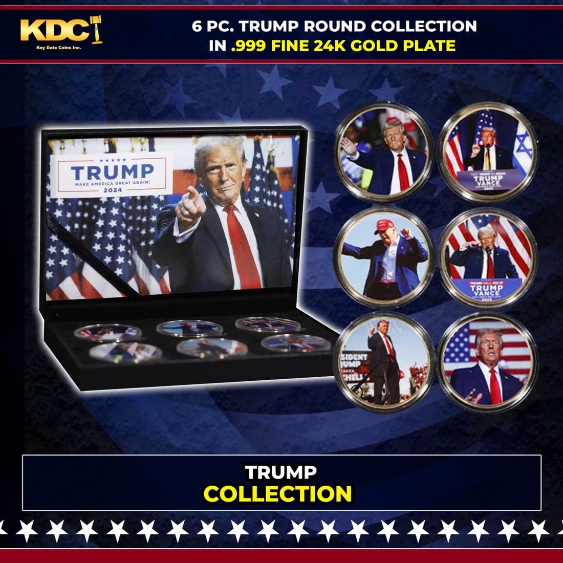 6 Coin President Donald Trump Gold Plated Round Collection: 6 Coin President Donald Trump Gold Plated Round Collection. Please Note All Backer Cards may have slight differences but will be very similar if not identical to the one in the photo