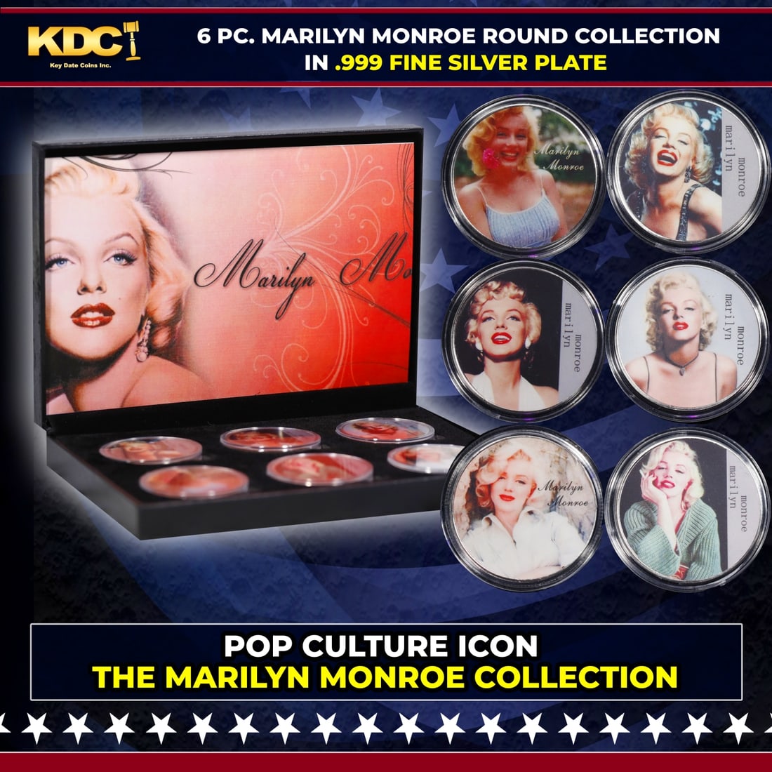 6 Coin Marilyn Monroe Silver Plated Round Collection #5 POP CULTURE ICON In Custom Box W/ Special: 6 Coin Marilyn Monroe Silver Plated Round Collection #5 POP CULTURE ICON In Custom Box W/ Special Backer card. Please Note All Backer Cards may have slight differences but will be very similar if not 