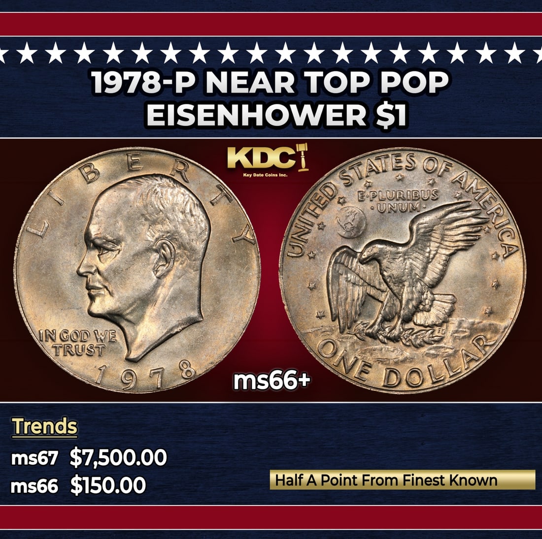 1978-p Eisenhower Dollar Near Top Pop $1 ms66+ SEGS: 1978-p Near Top Pop Eisenhower Dollar $1 ms66+ SEGS. Historic precious metal trends is causing increased spot pricing by the day. On auctions with set openings, we are doing our best to have items pri