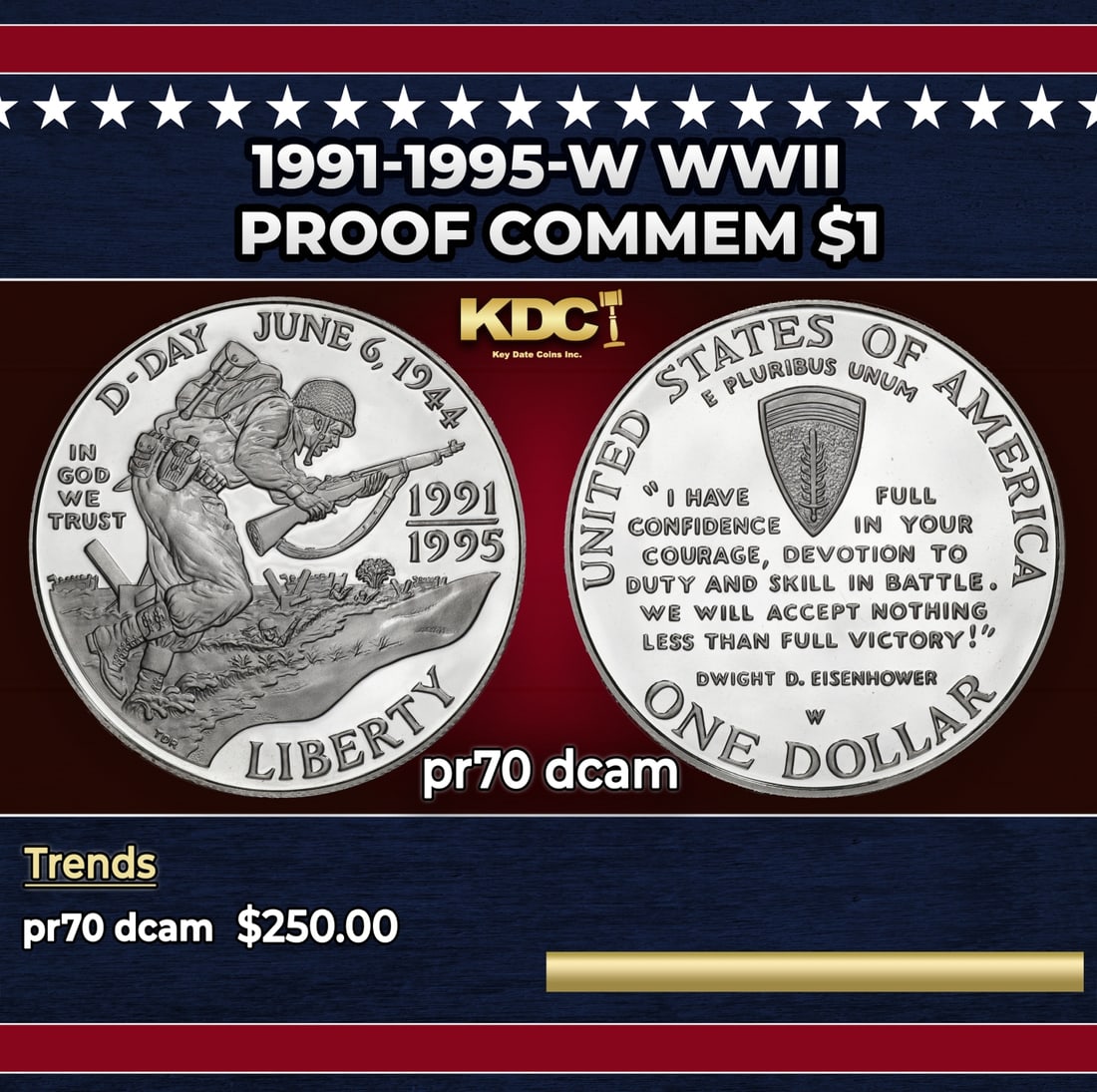 1991-1995-w WWII Proof Modern Commem Dollar $1 pr70 dcam SEGS: 1991-1995-w WWII Modern Commem Dollar $1 pr70 dcam SEGS. Historic precious metal trends is causing increased spot pricing by the day. On auctions with set openings, we are doing our best to have items