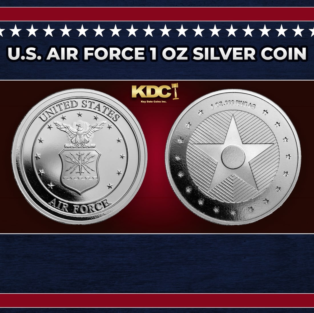 U.S. Air Force 1 oz Silver Coin Round: U.S. Air Force 1 oz Silver Coin. Honor those that served in the United States Air Force. Each round contains .999 fine silver featuring a military themed design.