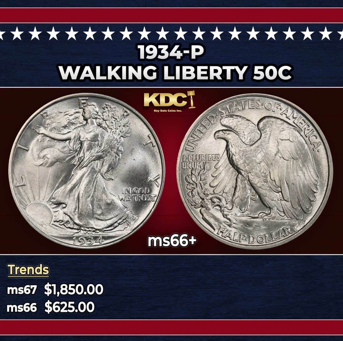 1934-p Walking Liberty Half Dollar 50c ms66+ SEGS: 1934-p Walking Liberty Half Dollar 50c ms66+ SEGS. Historic precious metal trends is causing increased spot pricing by the day. On auctions with set openings, we are doing our best to have items price