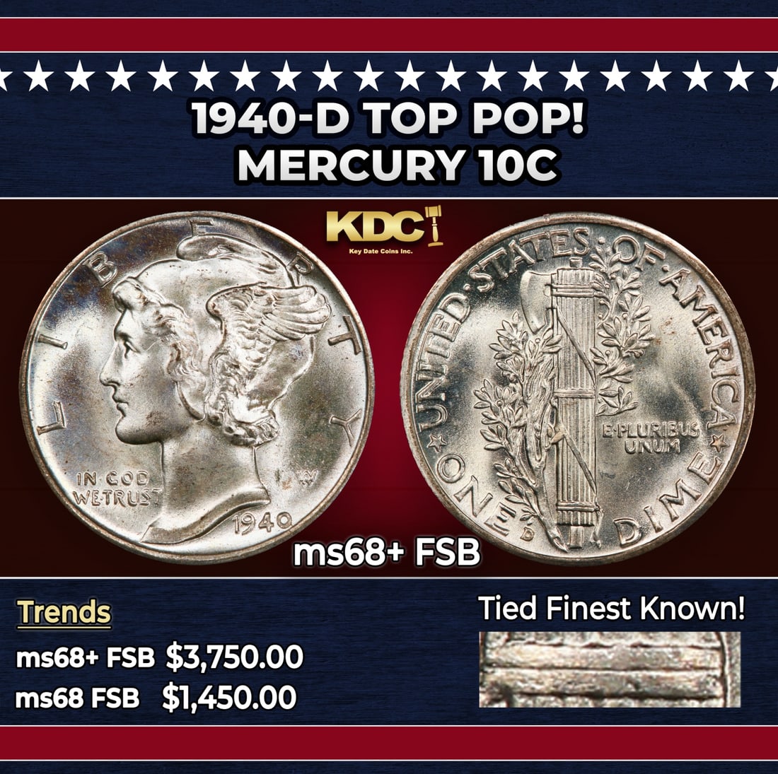 1940-d Mercury Dime TOP POP! 10c ms68+ FSB SEGS: 1940-d TOP POP! Mercury Dime 10c ms68+ FSB SEGS. Historic precious metal trends is causing increased spot pricing by the day. On auctions with set openings, we are doing our best to have items priced 