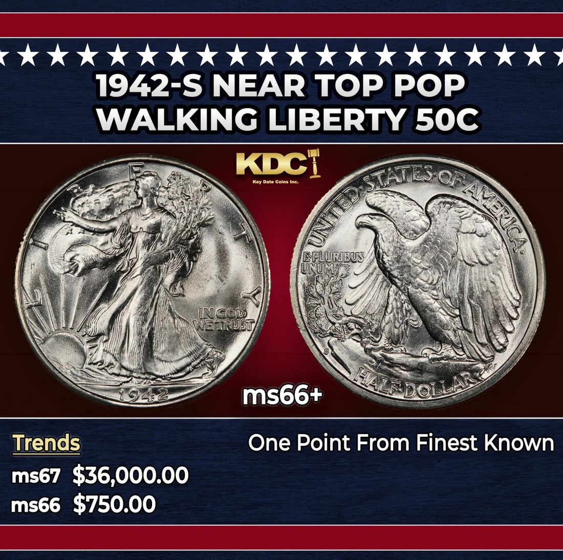 1942-s Walking Liberty Half Dollar Near Top Pop 50c ms66+ SEGS: 1942-s Near Top Pop Walking Liberty Half Dollar 50c ms66+ SEGS. Historic precious metal trends is causing increased spot pricing by the day. On auctions with set openings, we are doing our best to