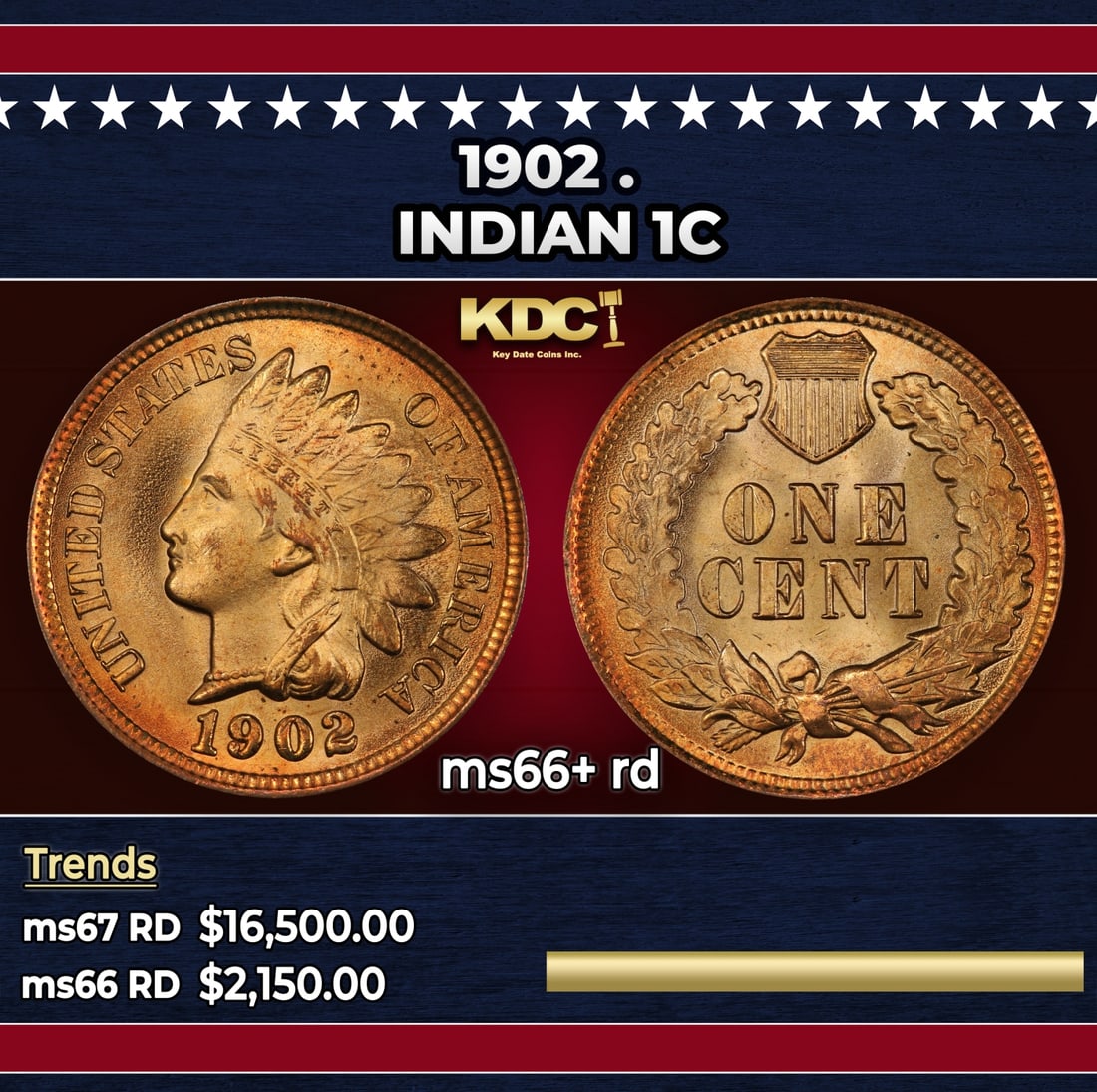 1902 Indian Cent . 1c ms66+ rd SEGS (1 of 3)