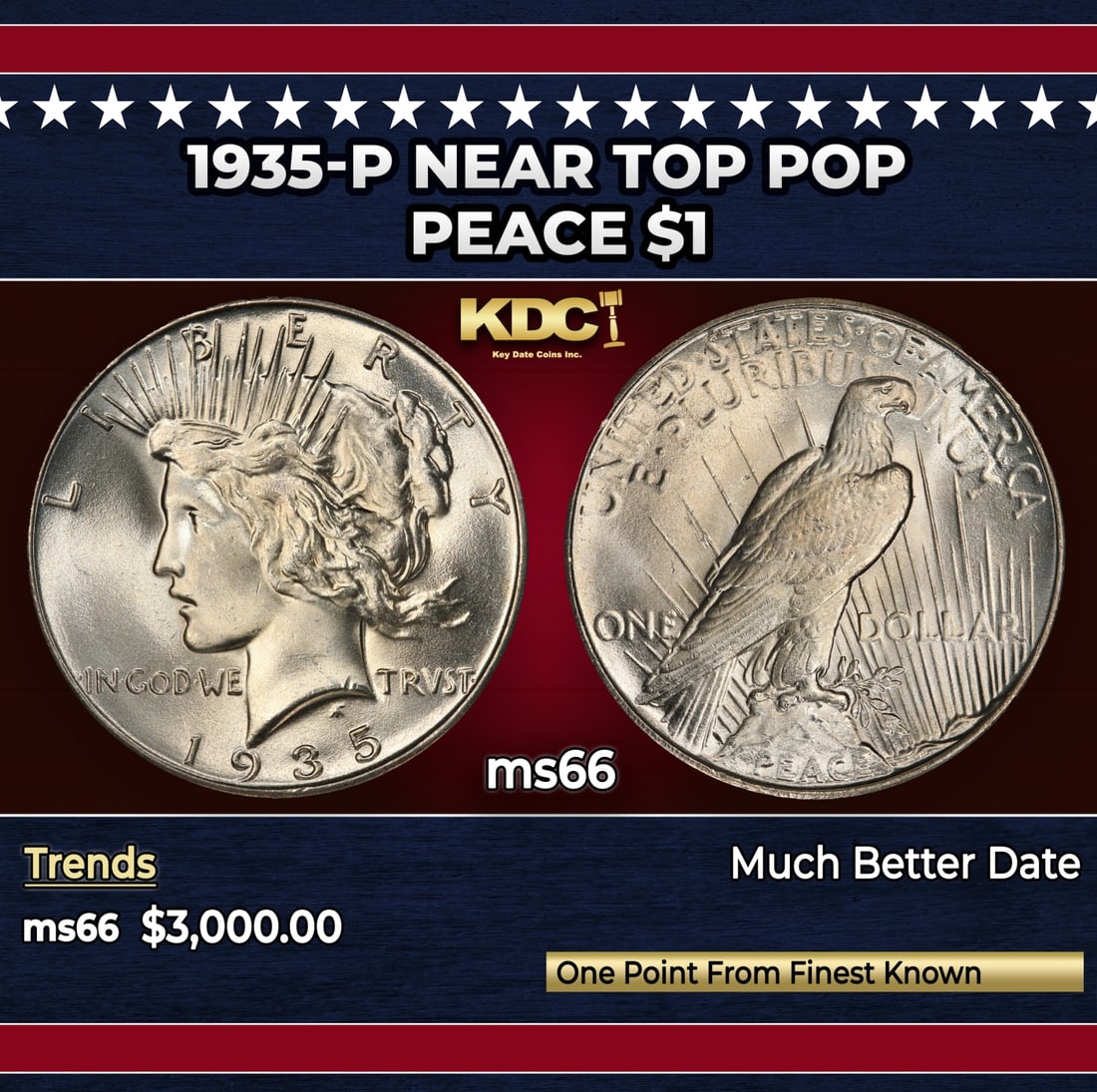 1935-p Peace Dollar Near Top Pop $1 ms66 SEGS: 1935-p Near Top Pop Peace Dollar $1 ms66 SEGS. Historic precious metal trends is causing increased spot pricing by the day. On auctions with set openings, we are doing our best to have items priced at