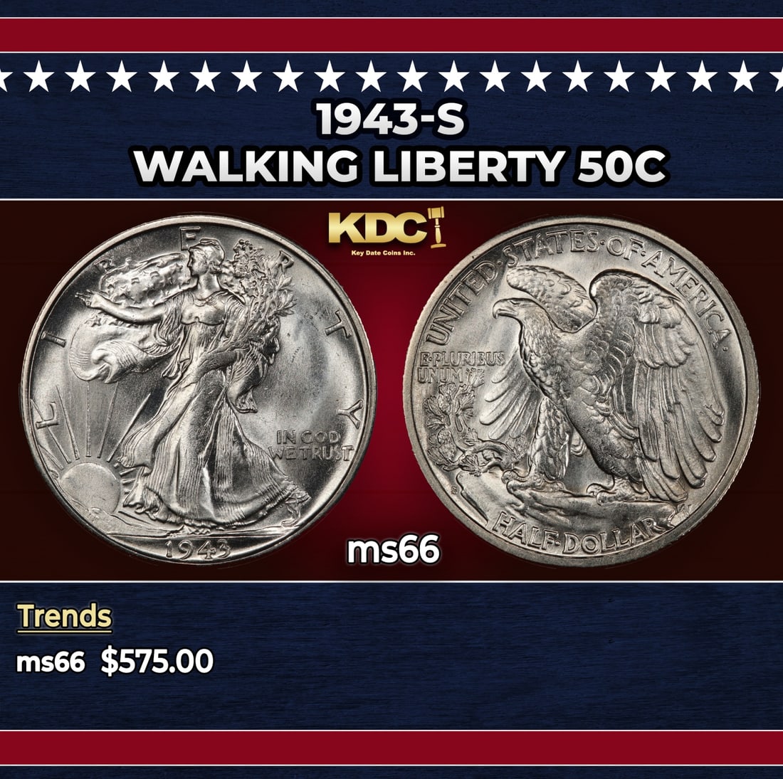 1943-s Walking Liberty Half Dollar 50c Grades ms66: 1943-s Walking Liberty Half Dollar 50c Grades ms66. Historic precious metal trends is causing increased spot pricing by the day. On auctions with set openings, we are doing our best to have items pric