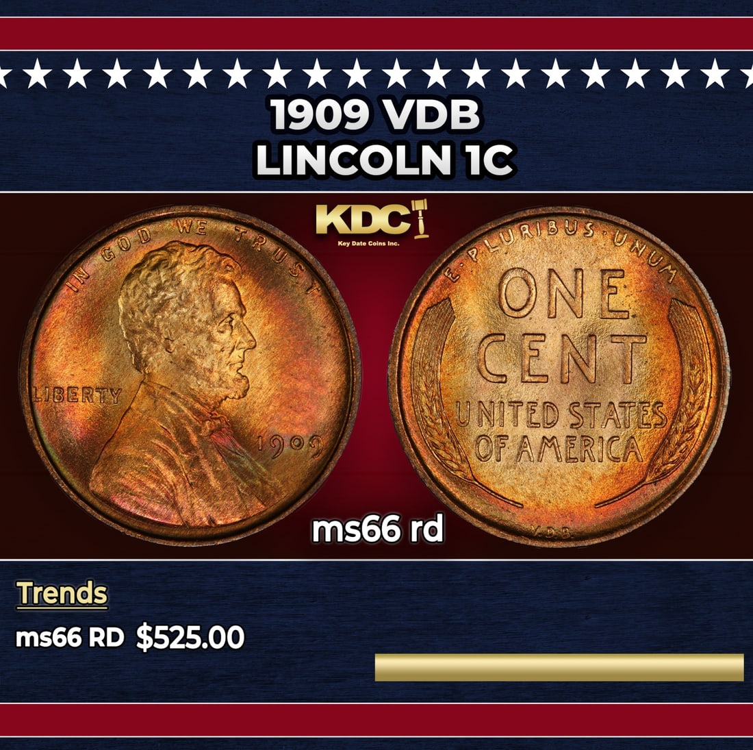 1909 VDB Lincoln Cent 1c Grades ms66 rd (1 of 3)