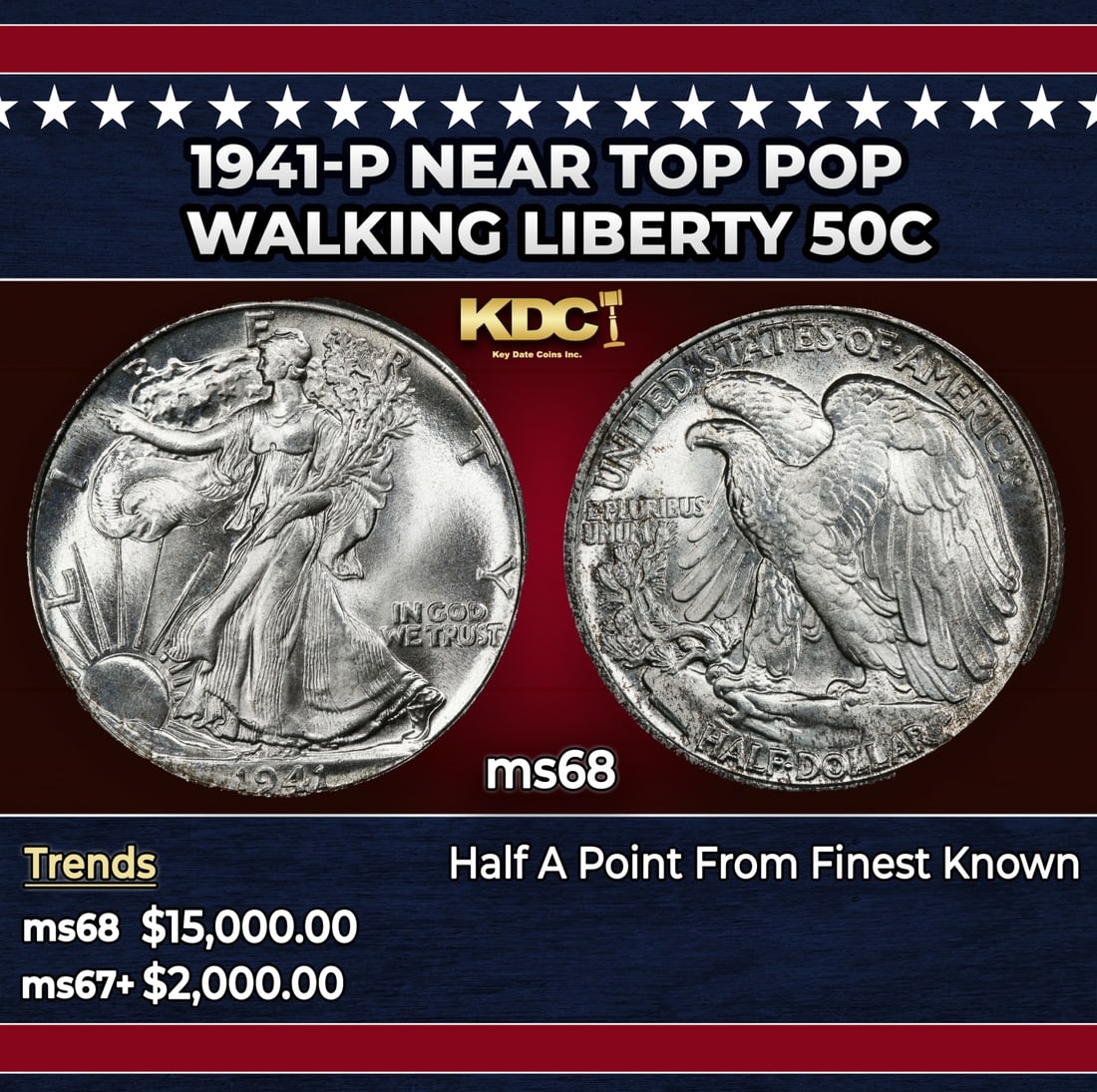 1941-p Walking Liberty Half Dollar Near Top Pop 50c ms68 SEGS: 1941-p Near Top Pop Walking Liberty Half Dollar 50c ms68 SEGS. Historic precious metal trends is causing increased spot pricing by the day. On auctions with set openings, we are doing our best to have