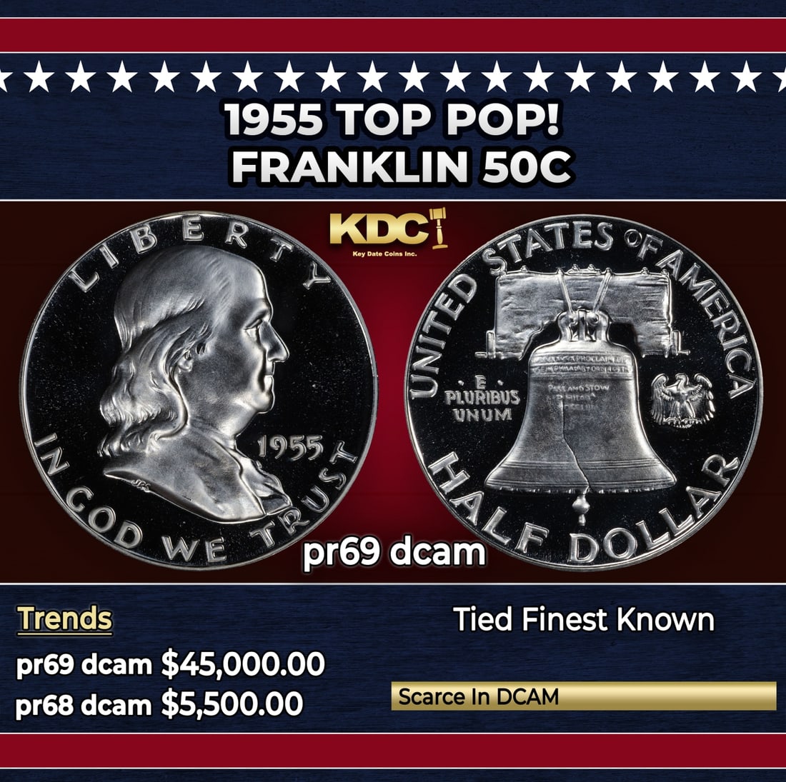 1955 Proof Franklin Half Dollar TOP POP! 50c pr69 dcam SEGS: 1955 TOP POP! Franklin Half Dollar 50c pr69 dcam SEGS. Historic precious metal trends is causing increased spot pricing by the day. On auctions with set openings, we are doing our best to have items p