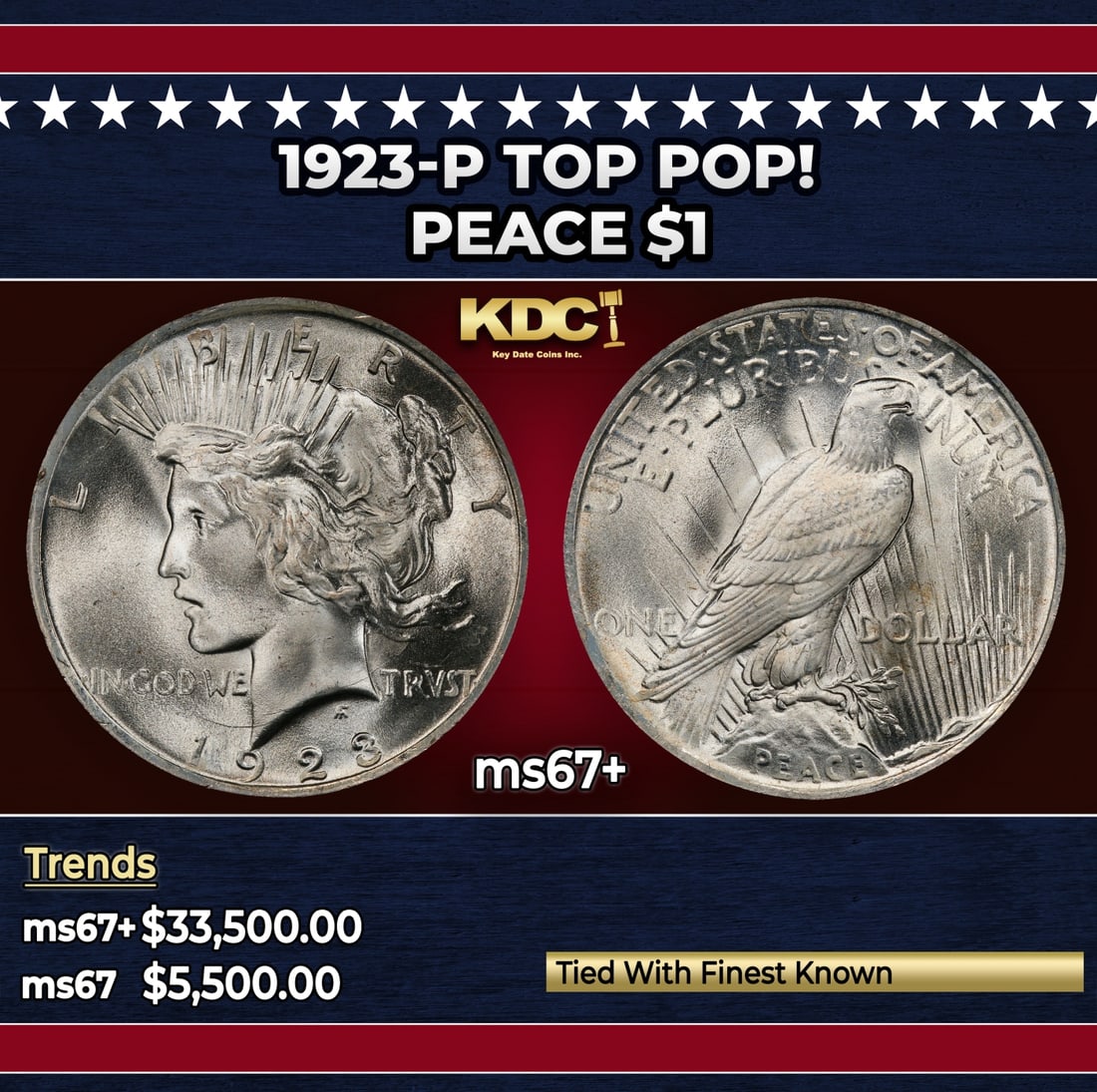 1923-p Peace Dollar TOP POP! $1 ms67+ SEGS: 1923-p TOP POP! Peace Dollar $1 ms67+ SEGS. Historic precious metal trends is causing increased spot pricing by the day. On auctions with set openings, we are doing our best to have items priced at th