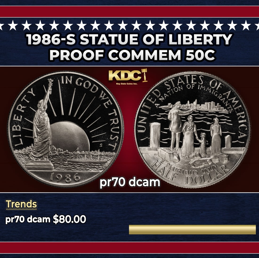 1986-S Statue of Liberty Proof Modern Commem Half Dollar 50c pr70 dcam SEGS: 1986-S Statue of Liberty Modern Commem Half Dollar 50c pr70 dcam SEGS. Historic precious metal trends is causing increased spot pricing by the day. On auctions with set openings, we are doing our best