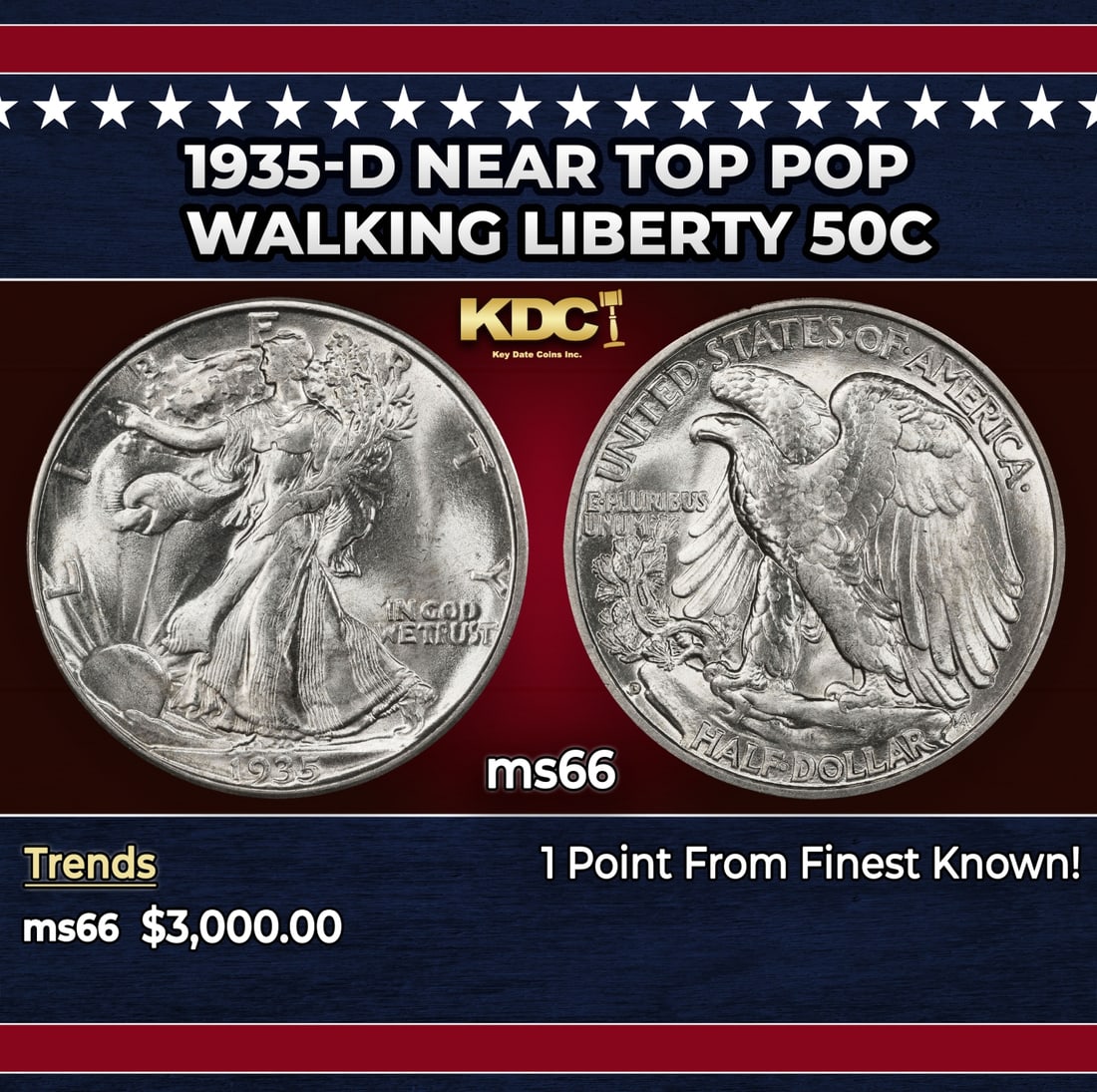 1935-d Walking Liberty Half Dollar Near Top Pop 50c ms66 SEGS: 1935-d Near Top Pop Walking Liberty Half Dollar 50c ms66 SEGS. Historic precious metal trends is causing increased spot pricing by the day. On auctions with set openings, we are doing our best to have