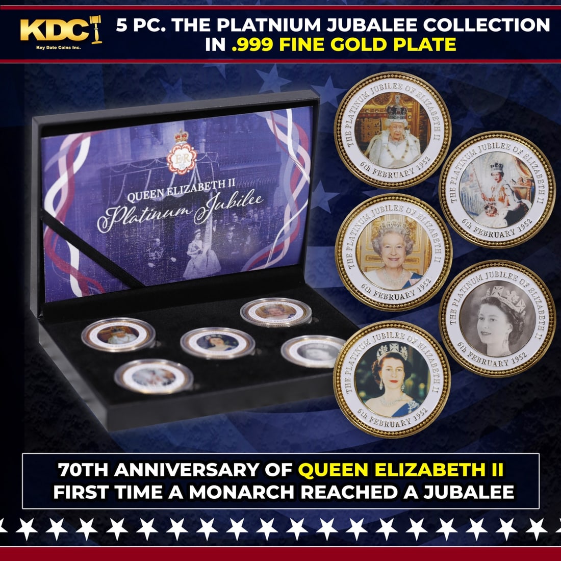 5 Coin Queen Elizabeth II - The Platnium Jubalee - Gold Plated Round Collection: 5 Coin Queen Elizabeth II - The Platnium Jubalee - Gold Plated Round Collection. 5 Pc. Queen Elizabeth II - The Platinum Jubilee - Gold Plated Round Collection. This set contains 5 rounds made up of .