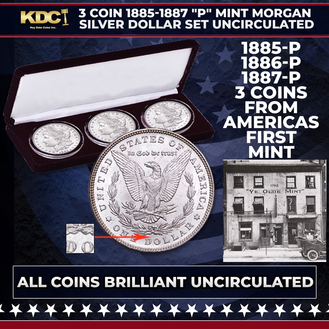 3 Coin 1885-1887 "P" Mint Morgan Silver Dollar Set Uncirculated: 3 Coin 1885-1887 "P" Mint Morgan Silver Dollar Set Uncirculated. The United States of America was born in Philadelphia on July 4, 1776, with the signing of our Declaration of Independence from England