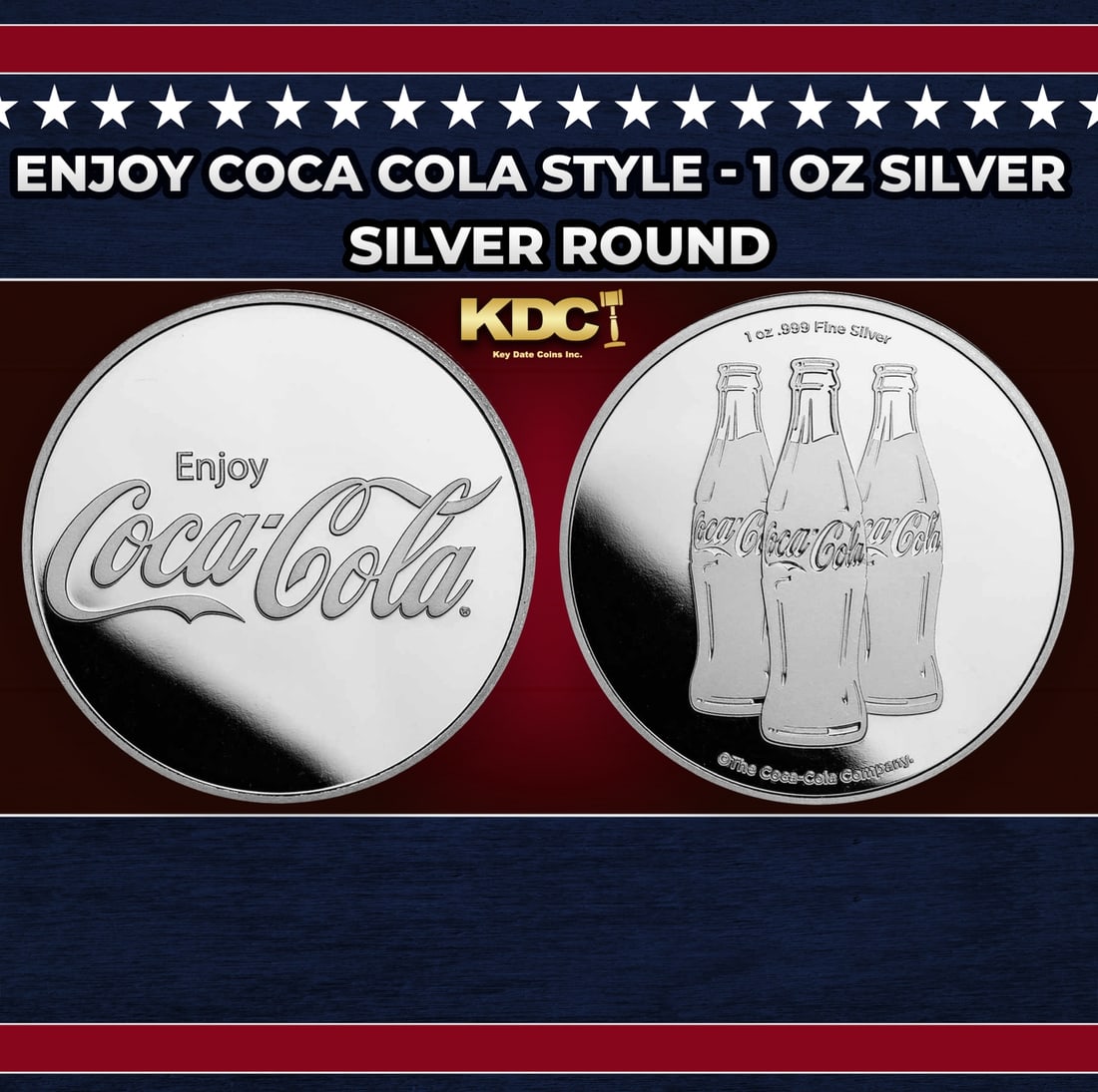 Enjoy Coca Cola Style - 1 oz Silver Round Round: Enjoy Coca Cola Style - 1 oz Silver Round. This silver round features the classic style "Enjoy Coca-Cola" logo on the front, and a trio of iconic glass coke bottles on the back. Contains 1oz of .999 F