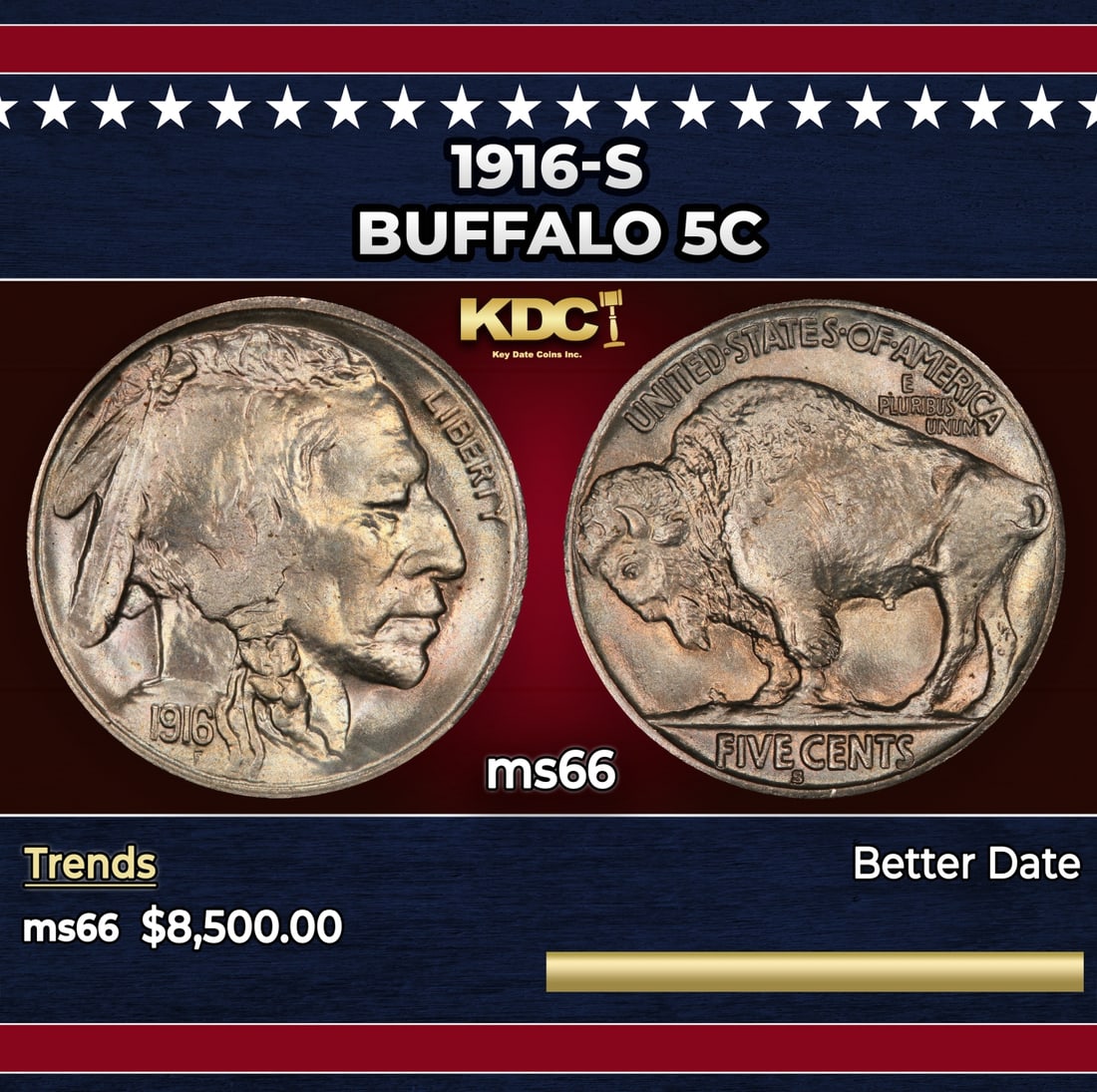 1916-s Buffalo Nickel 5c ms66 SEGS: 1916-s Buffalo Nickel 5c ms66 SEGS. A tough date. Historic precious metal trends is causing increased spot pricing by the day. On auctions with set openings, we are doing our best to have items priced