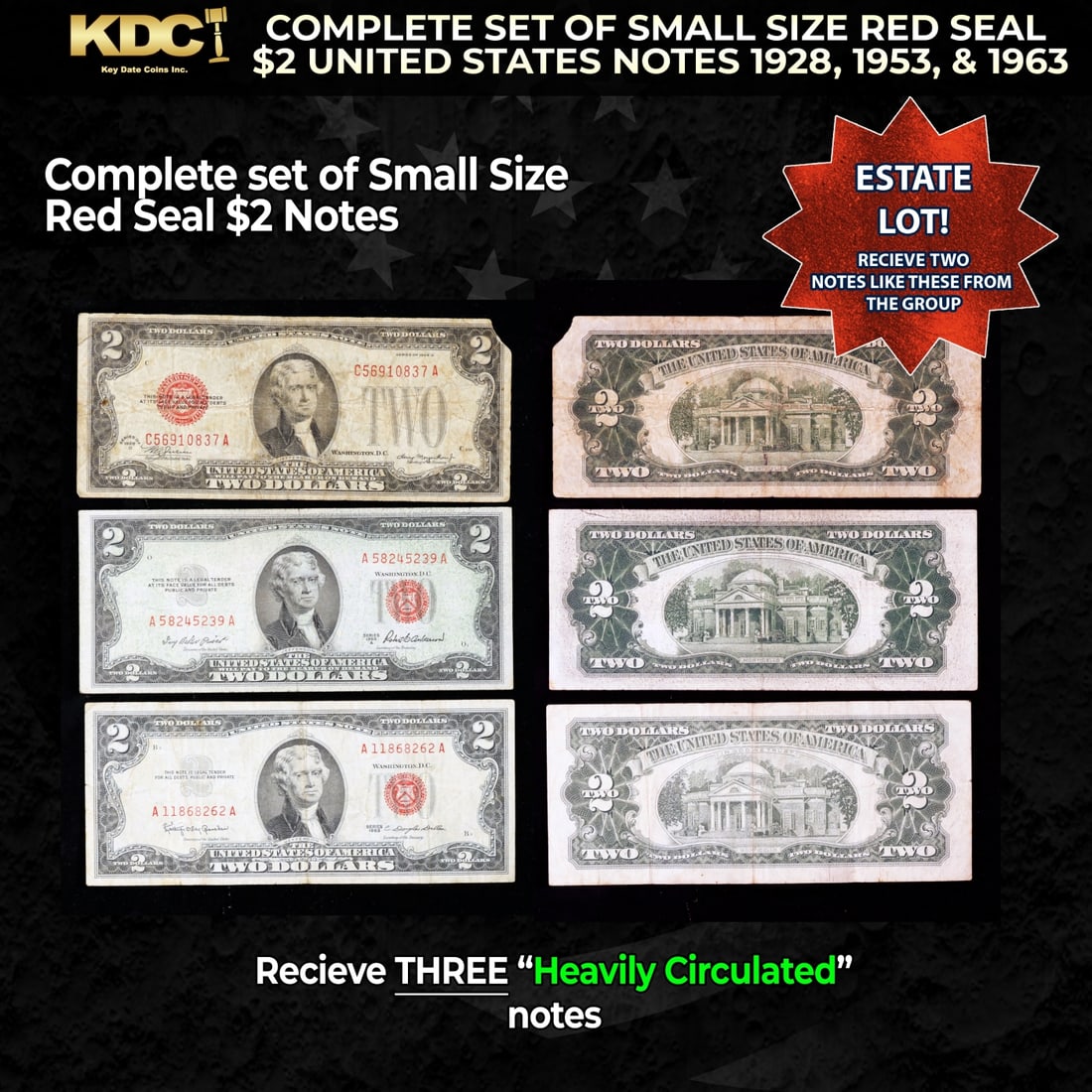Complete Set Of Small Size Red Seal $2 United States Notes 1928, 1953, & 1963 Heavily Circulated (1 of 1)