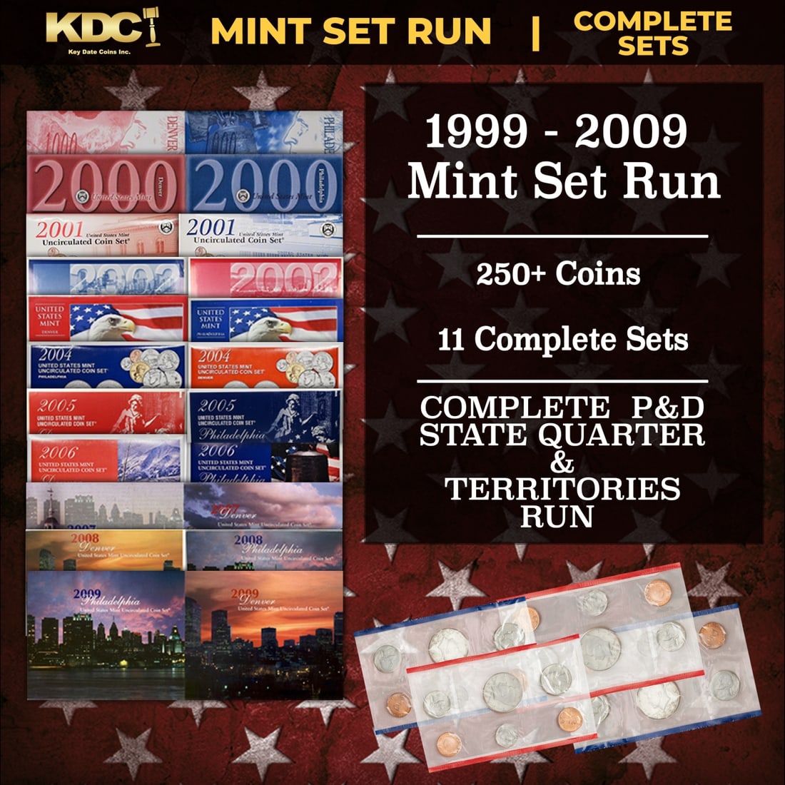 1999-2009 Mint Set Run - 256 Coins, 11 Complete Sets Complete 50 State Quarters & Territories Run: 1999-2009 Mint Set Run - 256 Coins, 11 Complete Sets Complete 50 State Quarters & Territories Run. 1999-2009 50 State Quarters & Territories Full Mint Set Run - 256 Coins, 11 Complete Sets. This group