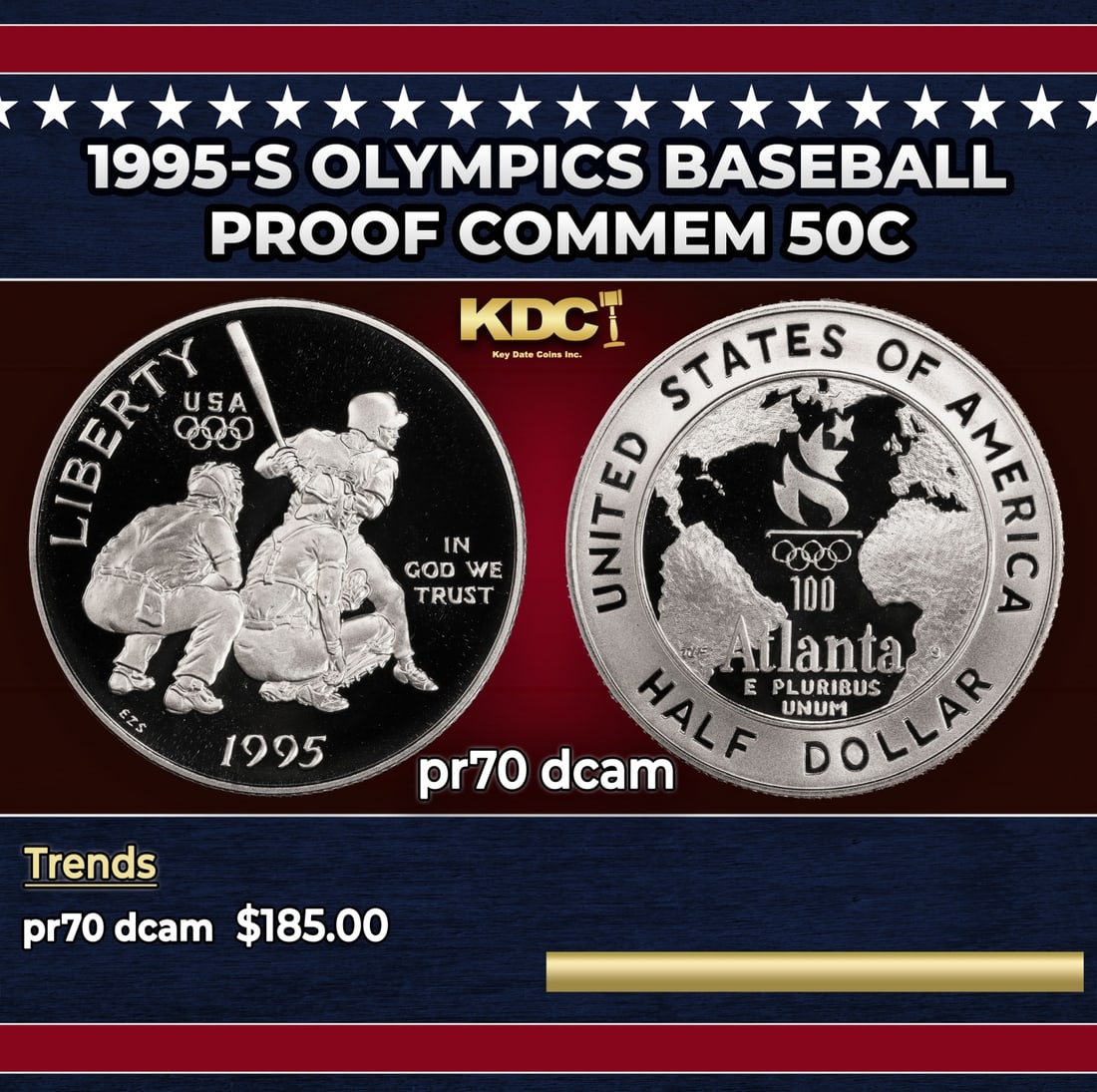 1995-s Olympics Baseball Proof Modern Commem Half Dollar 50c pr70 dcam SEGS: 1995-s Olympics Baseball Modern Commem Half Dollar 50c pr70 dcam SEGS. Historic precious metal trends is causing increased spot pricing by the day. On auctions with set openings, we are doing our best