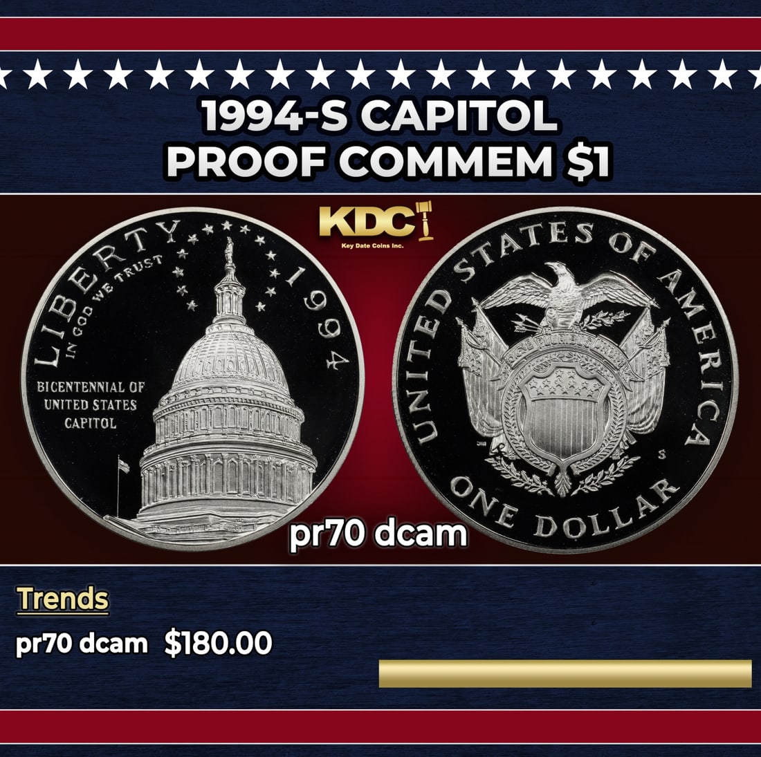 1994-S Capitol Proof Modern Commem Dollar $1 pr70 dcam SEGS: 1994-S Capitol Modern Commem Dollar $1 pr70 dcam SEGS. Historic precious metal trends is causing increased spot pricing by the day. On auctions with set openings, we are doing our best to have items p