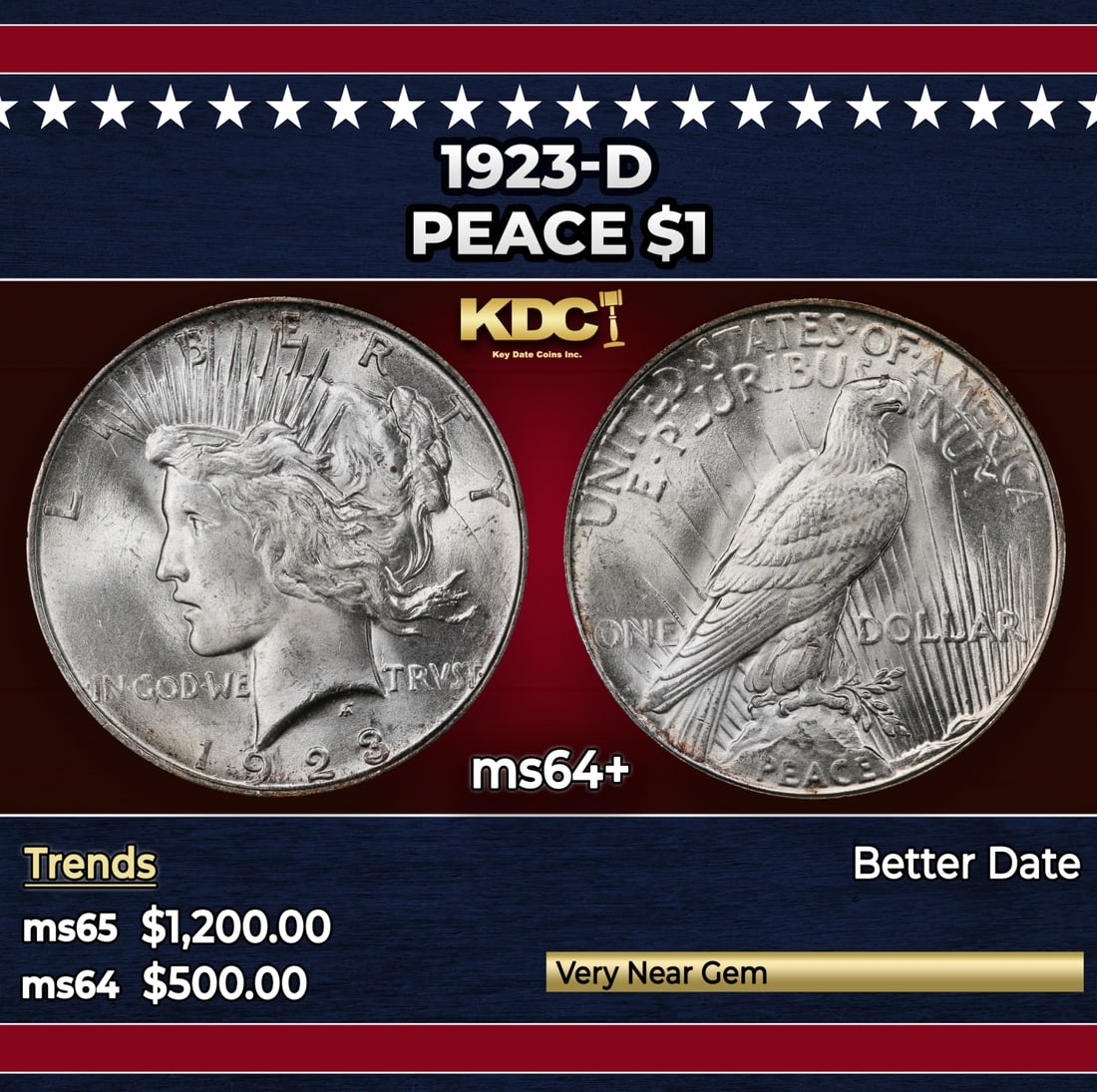 1923-d Peace Dollar $1 Grades ms64+: 1923-d Peace Dollar $1 Grades ms64+. Historic precious metal trends is causing increased spot pricing by the day. On auctions with set openings, we are doing our best to have items priced at their mar