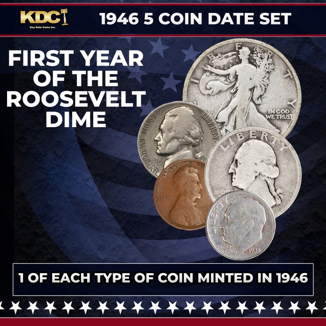 1946 5 Coin Date Set, 1 Of Each Type Of Coin Minted in 1946: 1946 5 Coin Date Set, 1 Of Each Type Of Coin Minted in 1946. Please Note All Backer Cards may have slight differences but will be very similar if not identical to the one in the photo