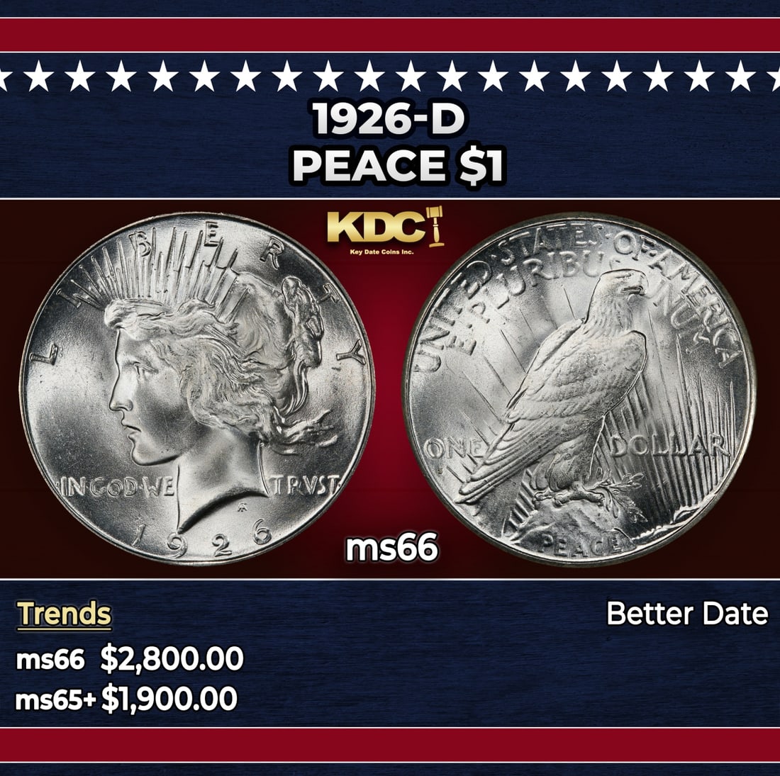 1926-d Peace Dollar $1 ms66 SEGS: 1926-d Peace Dollar $1 ms66 SEGS. Historic precious metal trends is causing increased spot pricing by the day. On auctions with set openings, we are doing our best to have items priced at their market