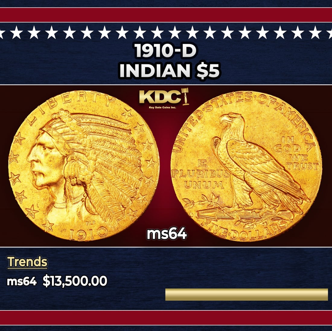 1910-d Gold Indian Half Eagle $5 ms64 USCG: 1910-d Gold Indian Half Eagle $5 ms64 USCG. The 1910-D is one of the more conditionally challenging issues in the Indian half eagle series. It is easily obtainable in MS63 and lower grades, but in MS6