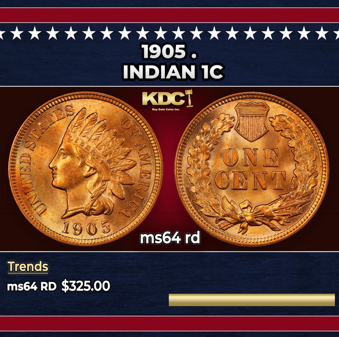 1905 Indian Cent . 1c Grades ms64 rd: 1905 . Indian Cent 1c Grades ms64 rd. Historic precious metal trends is causing increased spot pricing by the day. On auctions with set openings, we are doing our best to have items priced at their ma