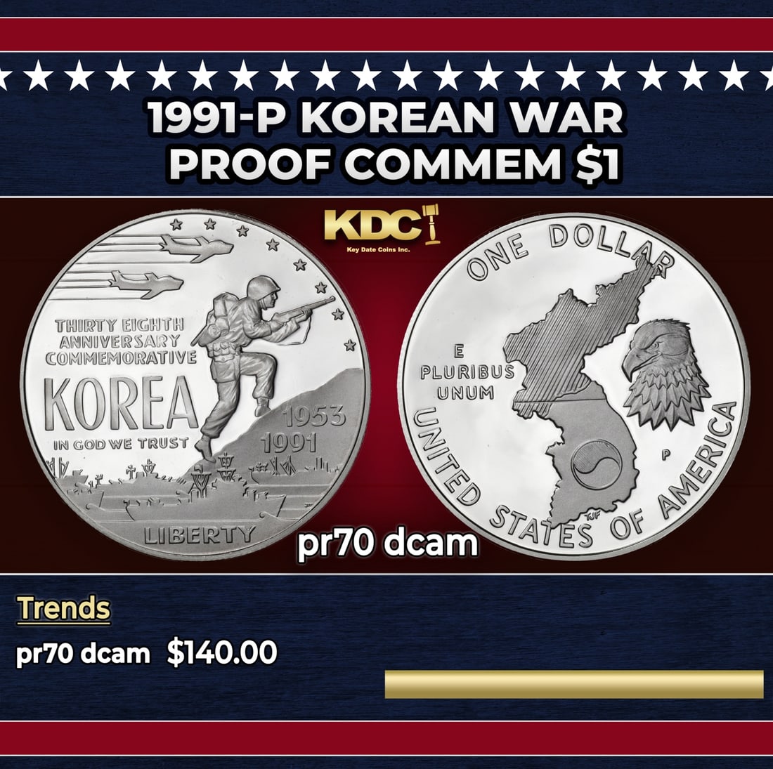 1991-P Korean War Proof Modern Commem Dollar $1 pr70 dcam SEGS: 1991-P Korean War Modern Commem Dollar $1 pr70 dcam SEGS. Historic precious metal trends is causing increased spot pricing by the day. On auctions with set openings, we are doing our best to have item