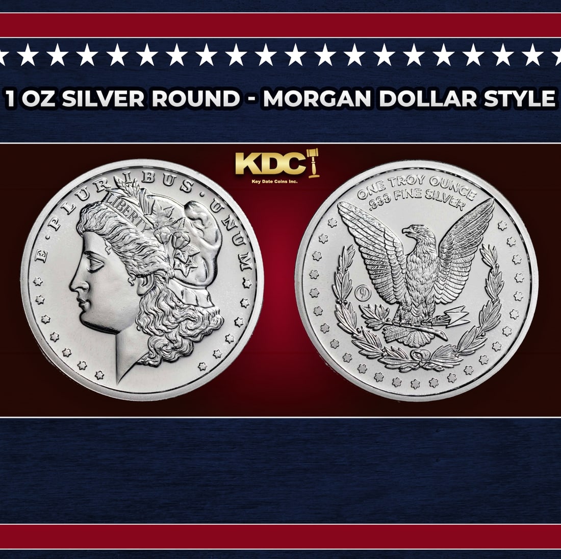 1 oz Silver Round - Morgan Dollar Style Round: 1 oz Silver Round - Morgan Dollar Style. You can now get the famed Morgan Silver Dollar design on a full ounce of .999 fine Silver. This is a replica of George T. Morgan's beloved design, minted on Am