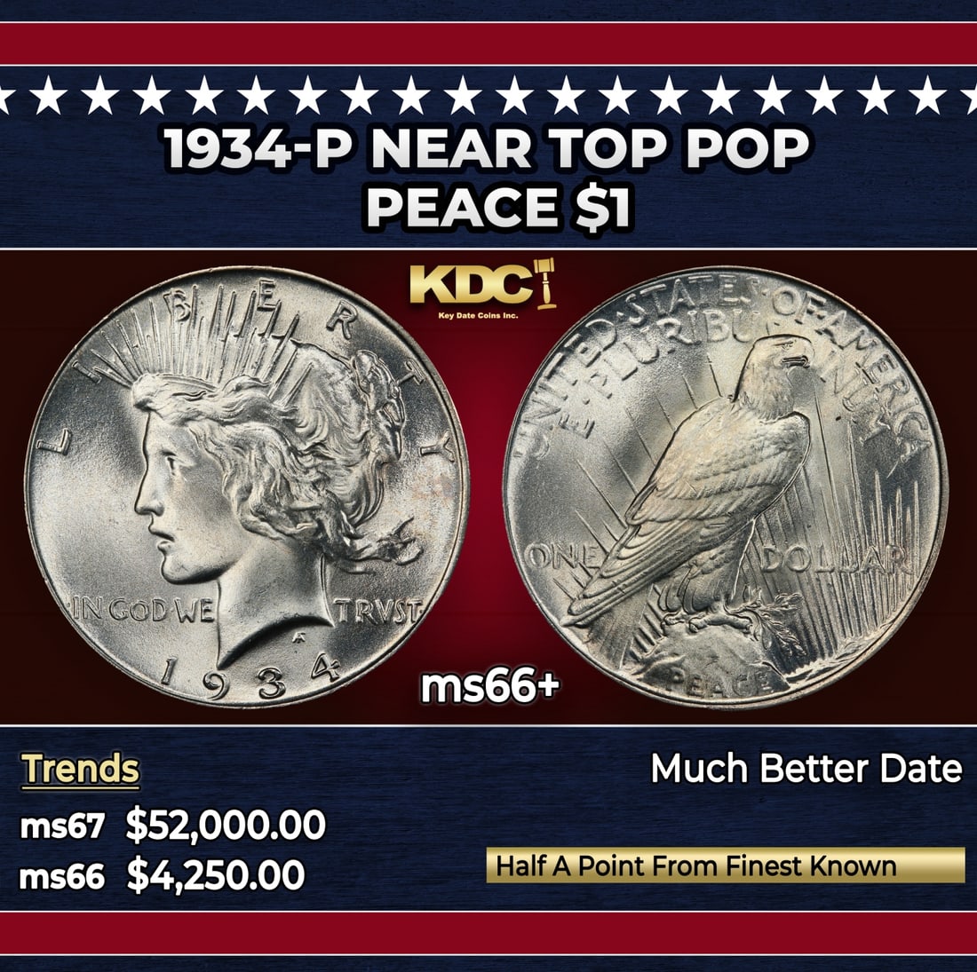 1934-p Peace Dollar Near Top Pop $1 ms66+ SEGS: 1934-p Near Top Pop Peace Dollar $1 ms66+ SEGS. Historic precious metal trends is causing increased spot pricing by the day. On auctions with set openings, we are doing our best to have items priced a