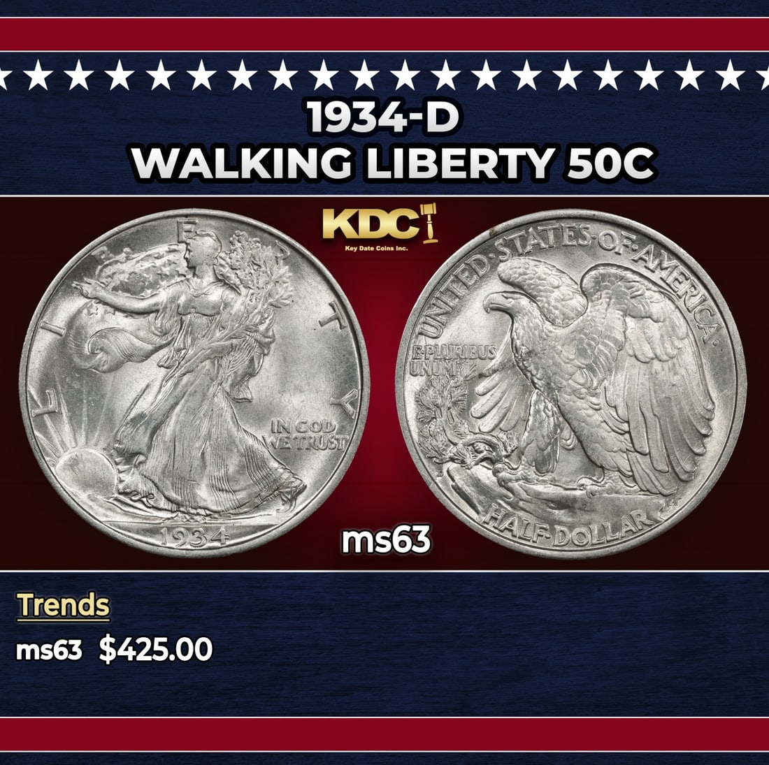 1934-d Walking Liberty Half Dollar 50c Grades ms63: 1934-d Walking Liberty Half Dollar 50c Grades ms63. Historic precious metal trends is causing increased spot pricing by the day. On auctions with set openings, we are doing our best to have items pric