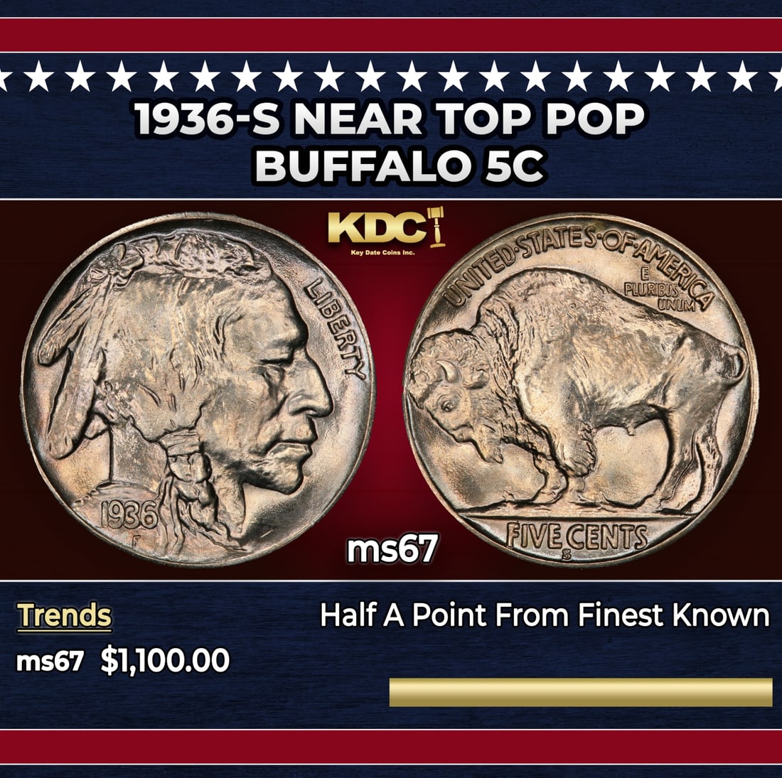 1936-s Buffalo Nickel Near Top Pop 5c ms67 SEGS: 1936-s Near Top Pop Buffalo Nickel 5c ms67 SEGS. Historic precious metal trends is causing increased spot pricing by the day. On auctions with set openings, we are doing our best to have items priced 