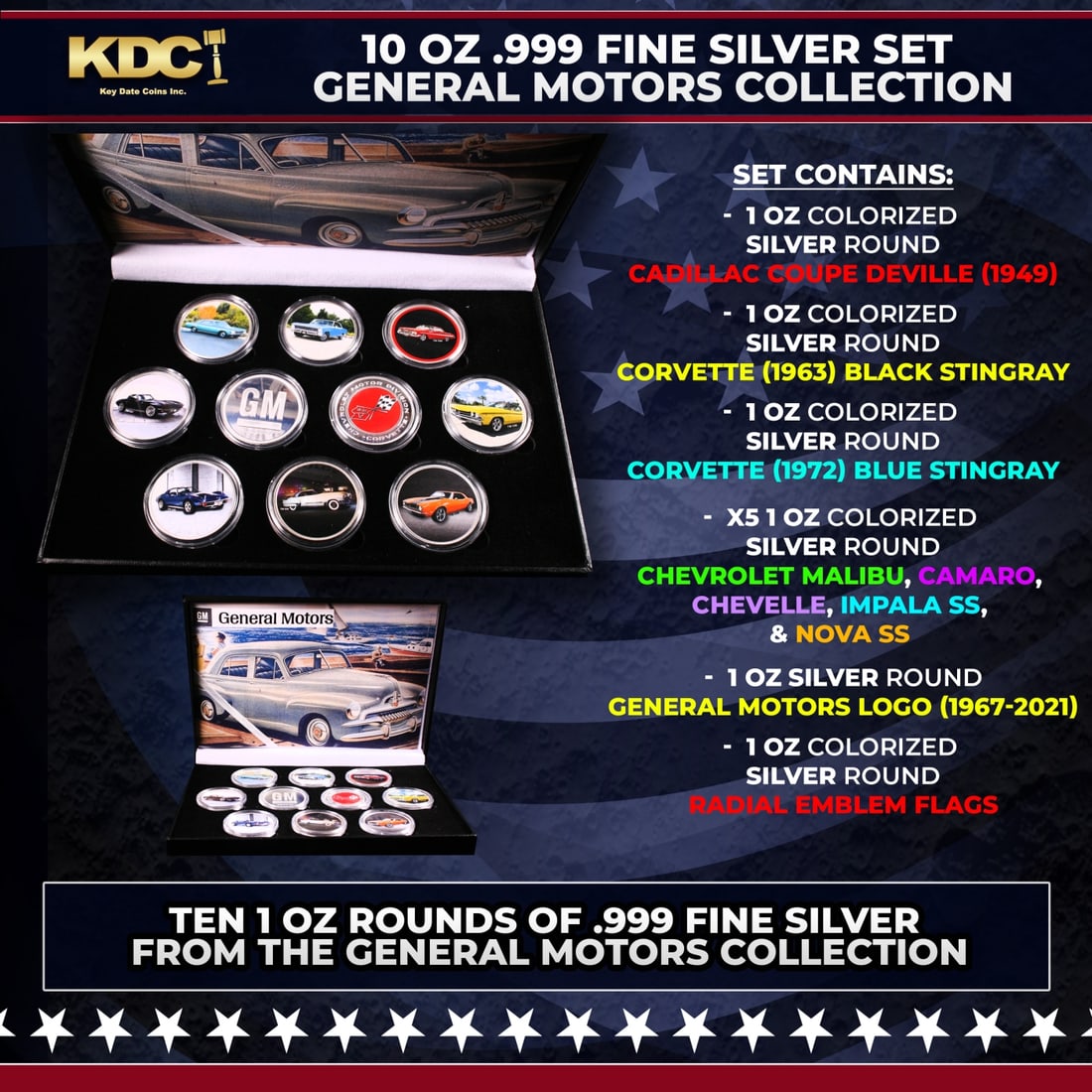 10 OZ .999 Fine Silver Set General Motors Collection: 10 OZ .999 Fine Silver Set General Motors Collection. Please Note All Backer Cards may have slight differences but will be very similar if not identical to the one in the photo
