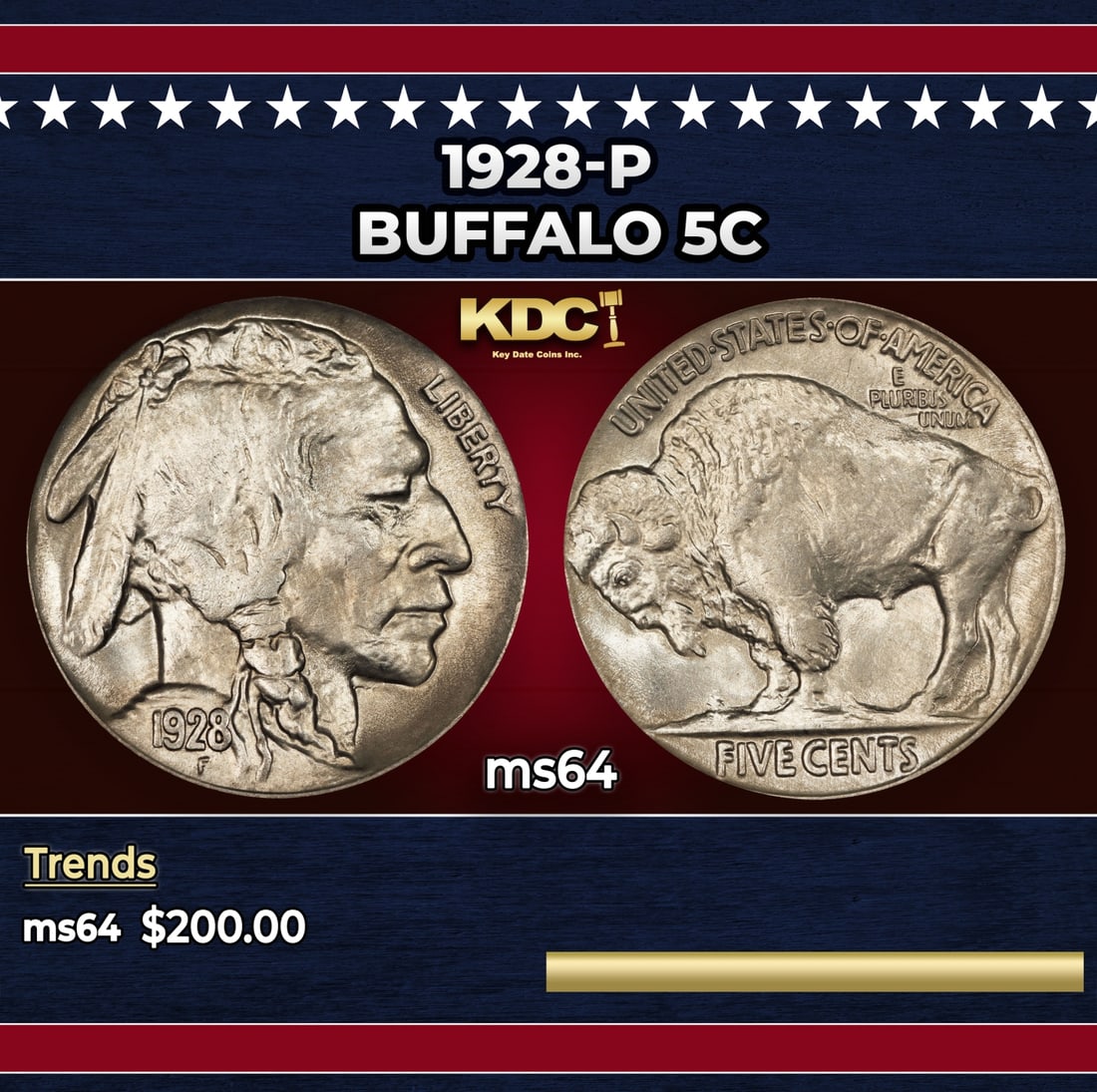 1928-p Buffalo Nickel 5c Grades ms64: 1928-p Buffalo Nickel 5c Grades ms64. Historic precious metal trends is causing increased spot pricing by the day. On auctions with set openings, we are doing our best to have items priced at their ma