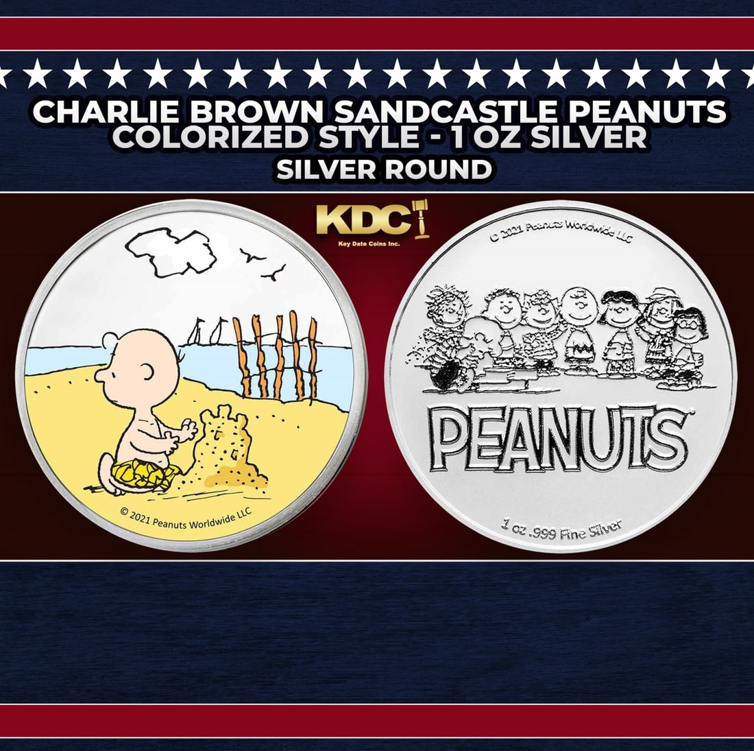 Charlie Brown Sandcastle Peanuts Colorized Style - 1 oz Silver Round Round: Charlie Brown Sandcastle Peanuts Colorized Style - 1 oz Silver Round. Now you can collect all of the classic Peanuts characters on these officially licensed colorized silver rounds! Contains 1oz of .9