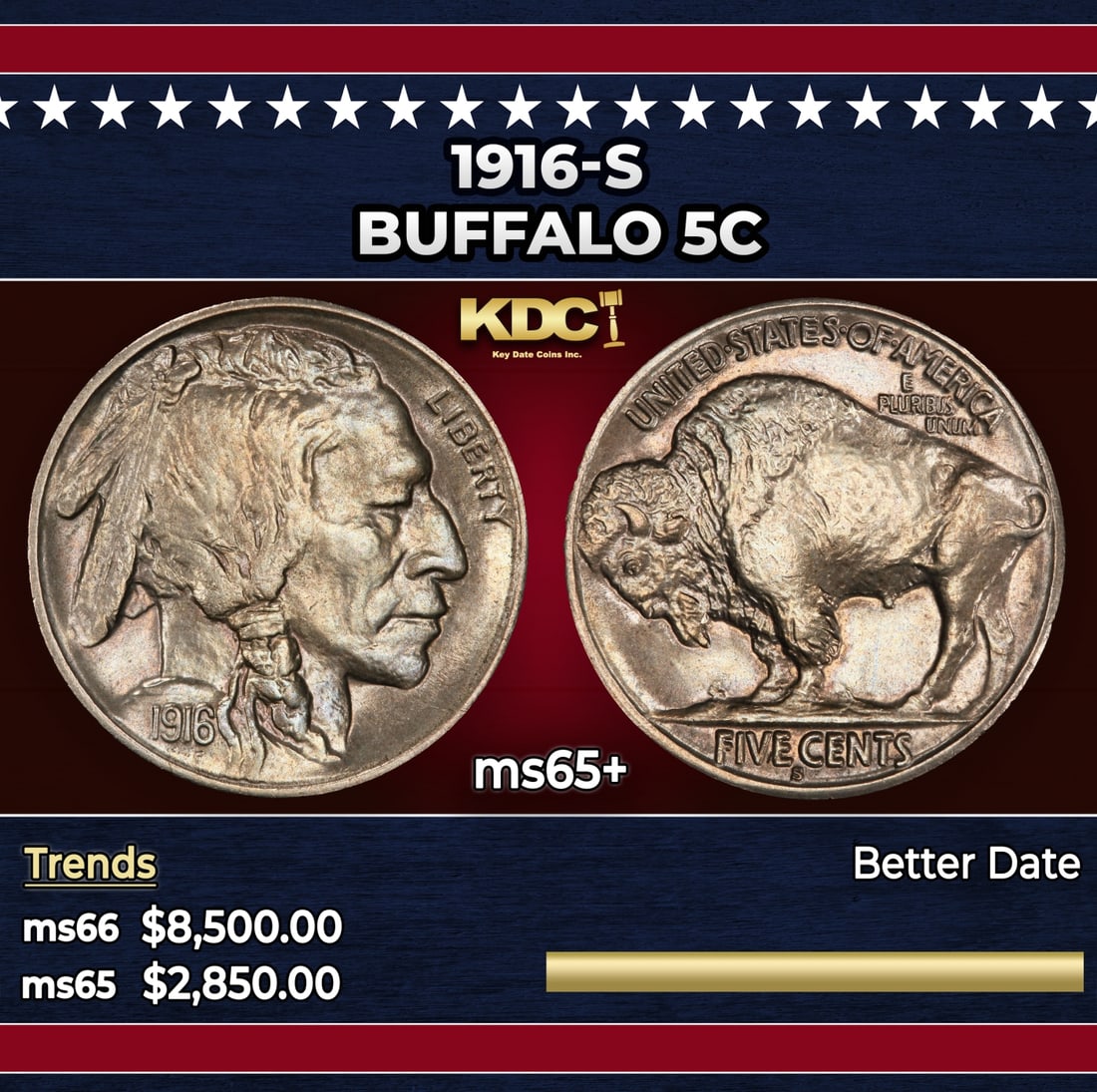 1916-s Buffalo Nickel 5c ms65+ SEGS: 1916-s Buffalo Nickel 5c ms65+ SEGS. A tough date. Historic precious metal trends is causing increased spot pricing by the day. On auctions with set openings, we are doing our best to have items price