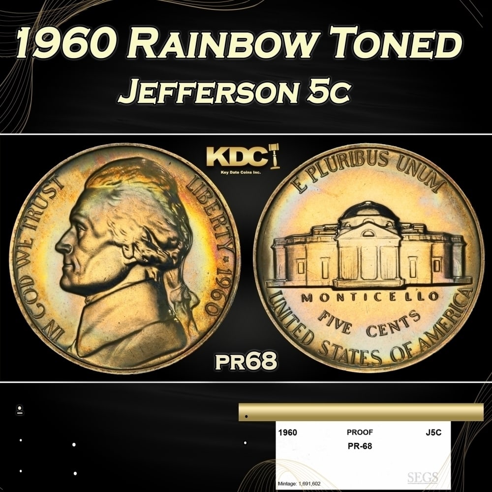 1960 Proof Jefferson Nickel Rainbow Toned 5c pr68 SEGS: 1960 Rainbow Toned Jefferson Nickel 5c pr68 SEGS. 0