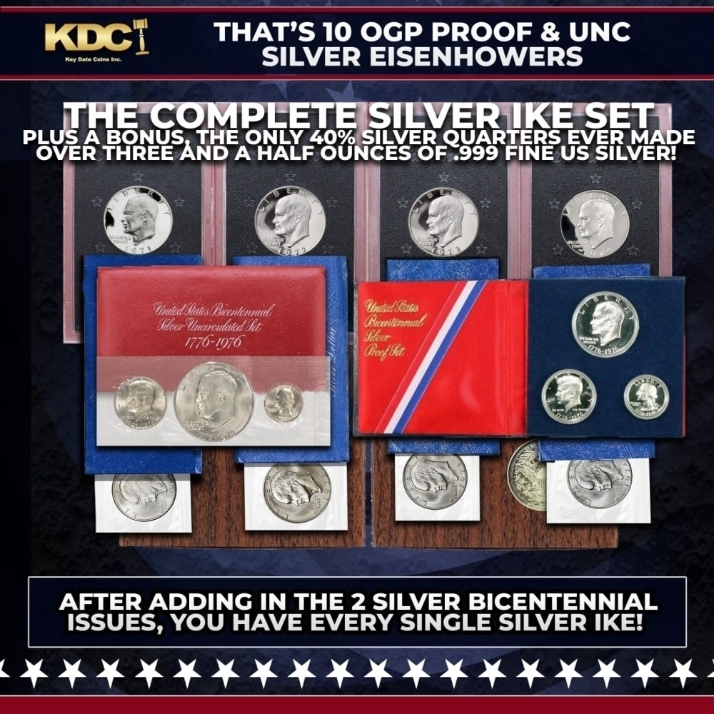 1971-1976 THE COMPLETE SILVER IKE SET Over 3.5 oz Of Pure Silver 14 Coins, 10 Sets: 1971-1976 THE COMPLETE SILVER IKE SET Over 3.5 oz Of Pure Silver 14 Coins, 10 Sets. THE COMPLETE SILVER IKE SET That’s 10 OGP Proof & Unc Silver Eisenhowers Plus a Bonus, the only 40% Silver Quarter
