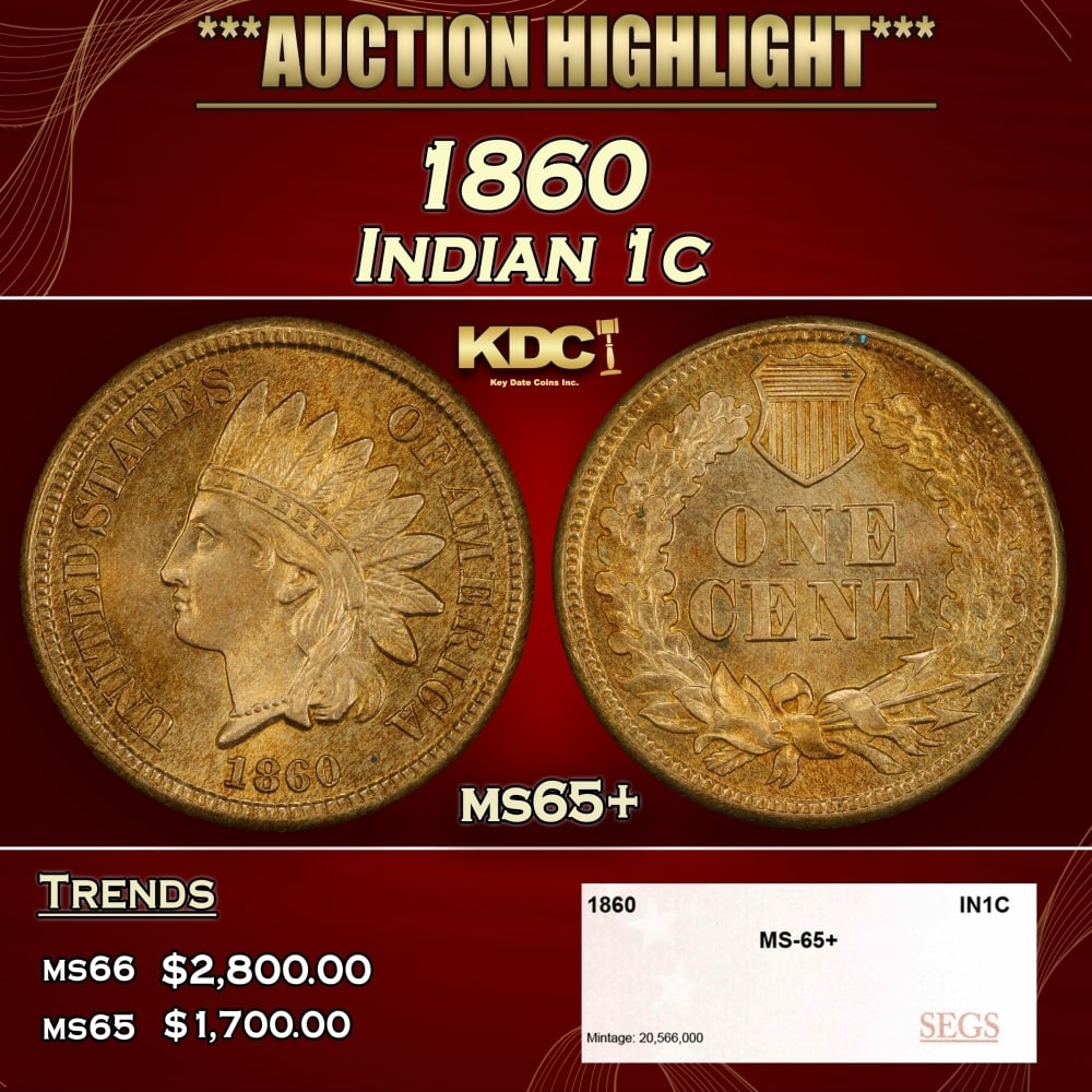 1860 Indian Cent 1c ms65+ SEGS: 1860 Indian Cent 1c ms65+ SEGS. 0