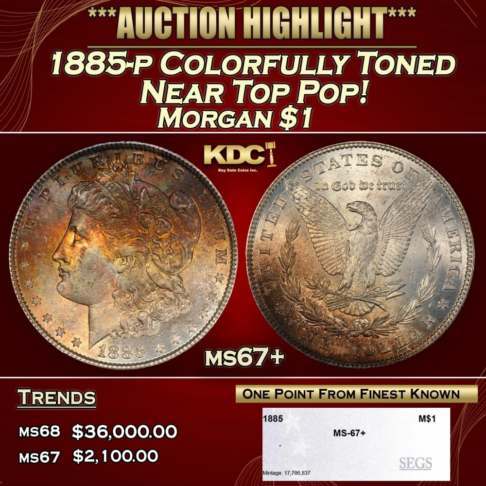 1885-p Morgan Dollar Colorfully Toned Near Top Pop! $1 ms67+ SEGS: 1885-p Colorfully Toned Near Top Pop! Morgan Dollar $1 ms67+ SEGS. 0