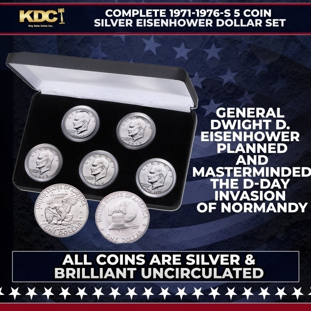 Complete 1971-1976-s 5 Coin Silver Eisenhower Dollar Set Uncirculated: Complete 1971-1976-s 5 Coin Silver Eisenhower Dollar Set Uncirculated. Recall one of America’s greatest military leaders with this complete 1971-1976 set of all five silver clad Uncirculated Eisenho
