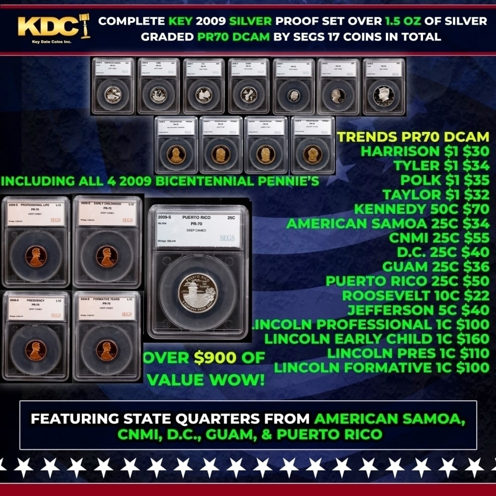 Rare 2009 US Silver Proof Set Graded pr70 DCAM By SEGS Over 1.5 oz of pure silver 17 Coins: Rare 2009 US Silver Proof Set Graded pr70 DCAM By SEGS Over 1.5 oz of pure silver 17 Coins. Historic precious metal trends is causing increased spot pricing by the day. On auctions with set openings, 