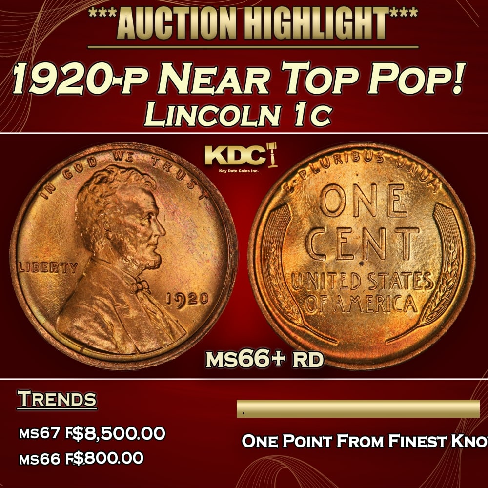 1920-p Lincoln Cent Near Top Pop! 1c ms66+ rd SEGS (1 of 3)